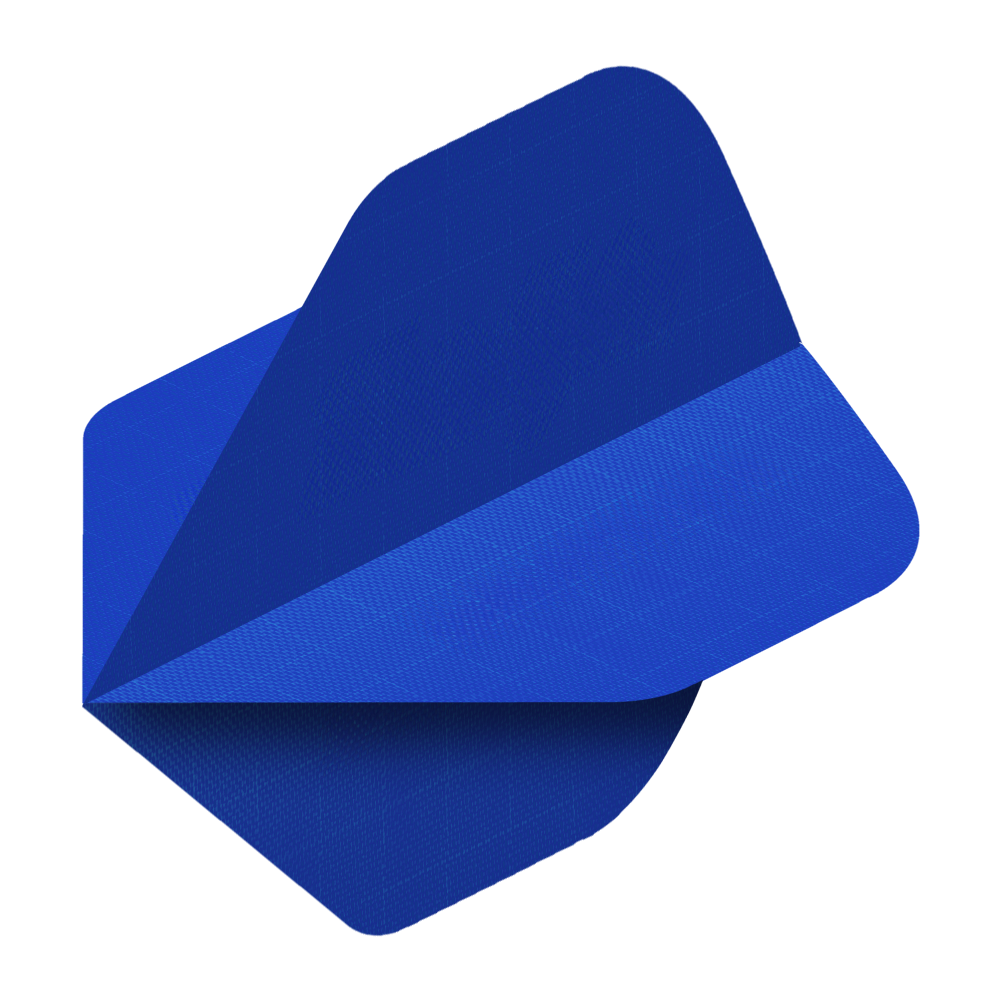 Das Bild zeigt ein blaues Nylon-Stoff Flight für Dartpfeile. Das Flight hat eine glatte Oberfläche und abgerundete Ecken.