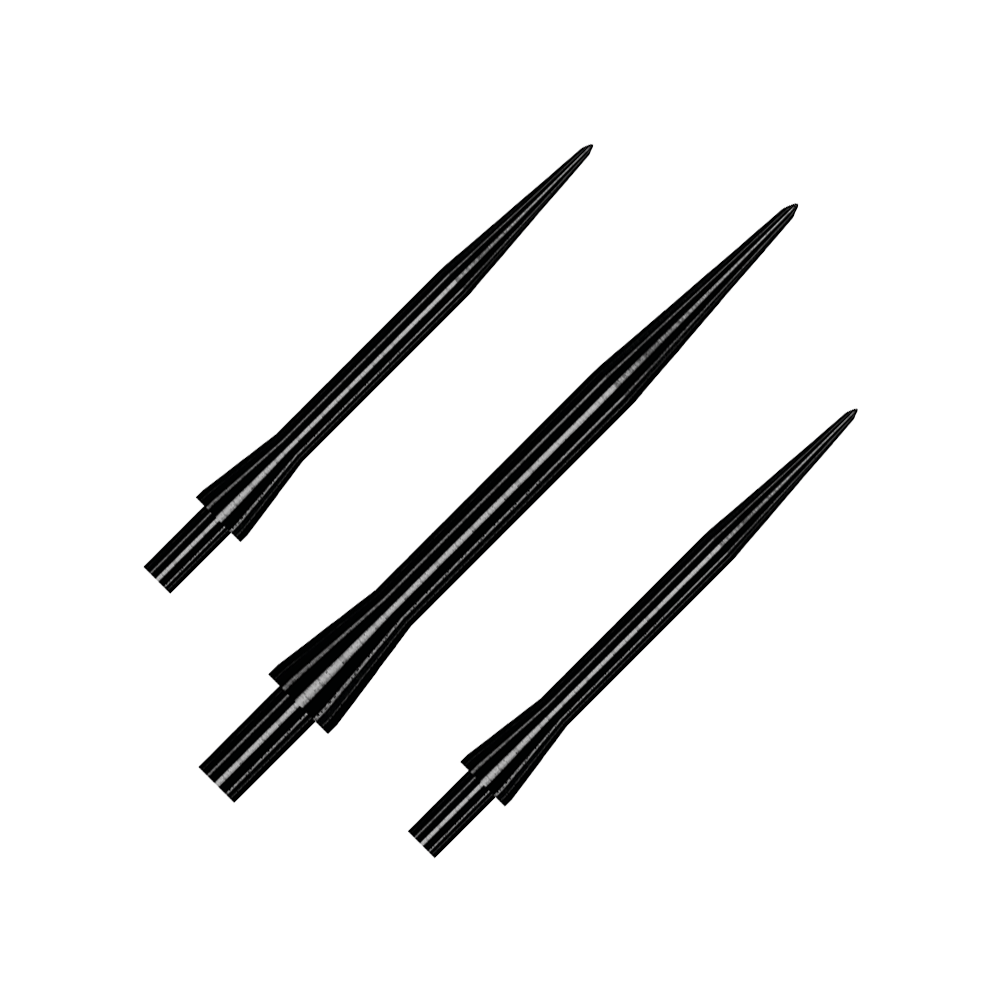Winmau Velocity Black steel dart tips - 30mm Das Bild zeigt drei schwarze Steeldartspitzen des Modells "Winmau Velocity Black" in 30 mm Länge. Die Spitzen sind spitz zulaufend und metallisch glänzend.