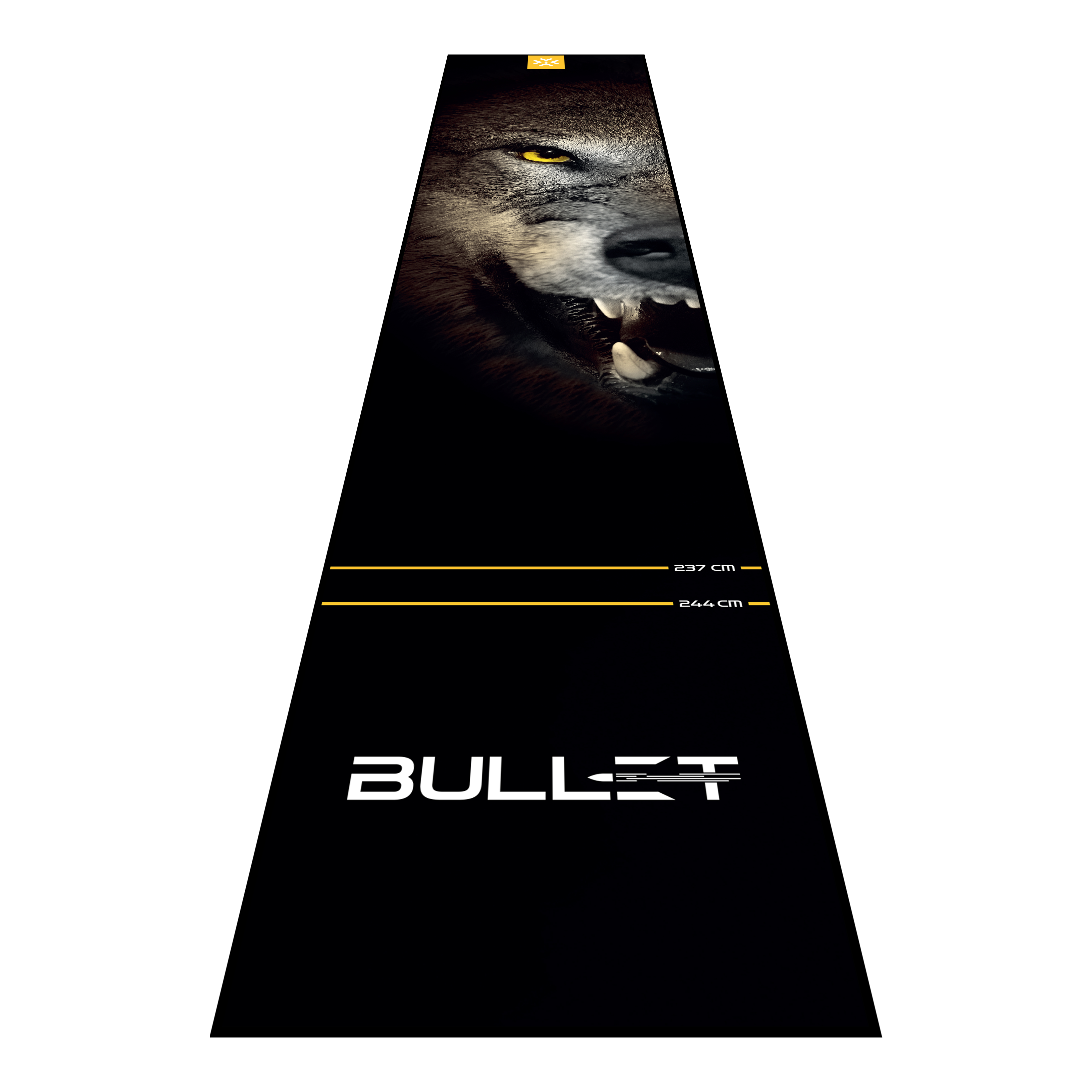Abgebildet ist die Bullet Fang Dartmatte. Die Matte sorgt für einen sicheren Stand und schützt den Boden beim Dartspielen.