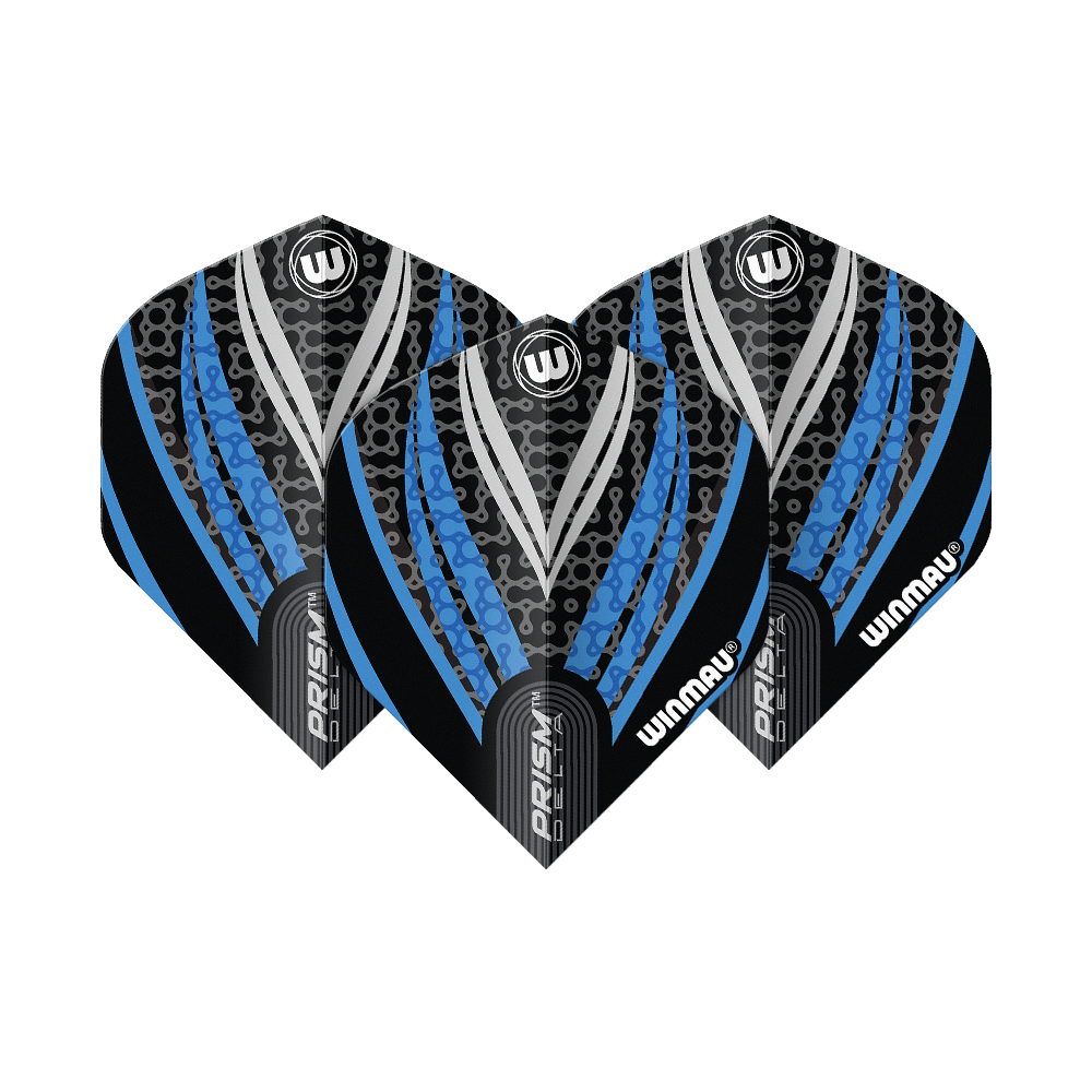 Winmau Prism Delta Black White Blue No. 2 Standard Flights Das Bild zeigt drei Dart-Flights des Modells "Winmau Prism Delta" in Schwarz, Weiß und Blau. Die Flights haben ein modernes, gemustertes Design mit den Markenaufschriften "Winmau" und "Prism Delta".