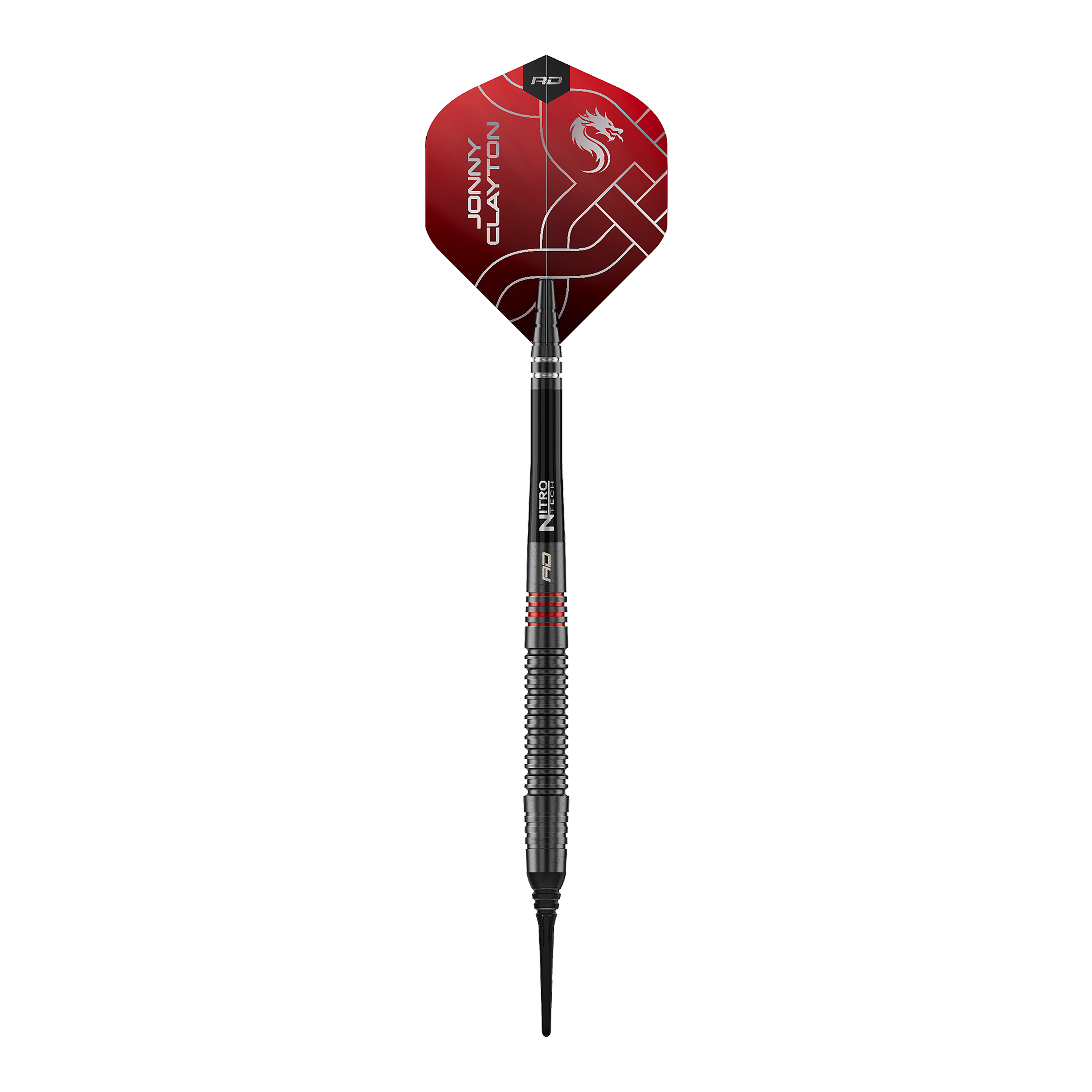 Das Bild zeigt die Red Dragon Jonny Clayton RD-ADV Softdarts - 18g. Ein einzelner Softdart wird von oben präsentiert.