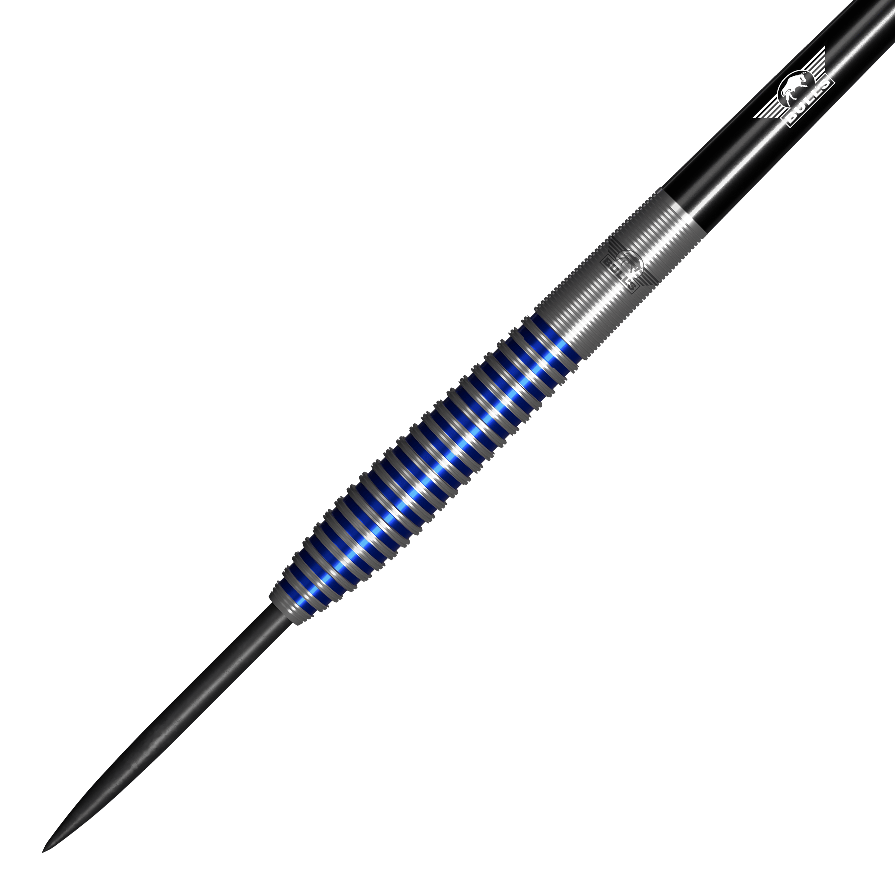 Bulls NL Romeo Grbavac steel darts - 23g Das Bild zeigt einen Steeldartpfeil mit silbernen und blauen Ringen am Griff. Es handelt sich um das Produkt "Bulls NL Romeo Grbavac Steeldarts - 23g".