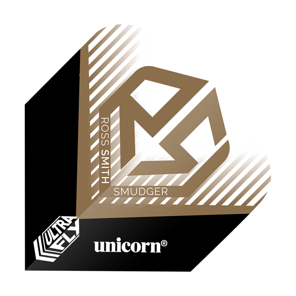 Unicorn Ultrafly 100 Ross Smith Plus Flights Das Bild zeigt ein Dartflight mit dem Namen "Unicorn Ultrafly 100 Ross Smith Plus Flights". Es ist in Schwarz, Weiß und Gold gestaltet und trägt den Namen "Ross Smith" sowie das Logo "Unicorn".
