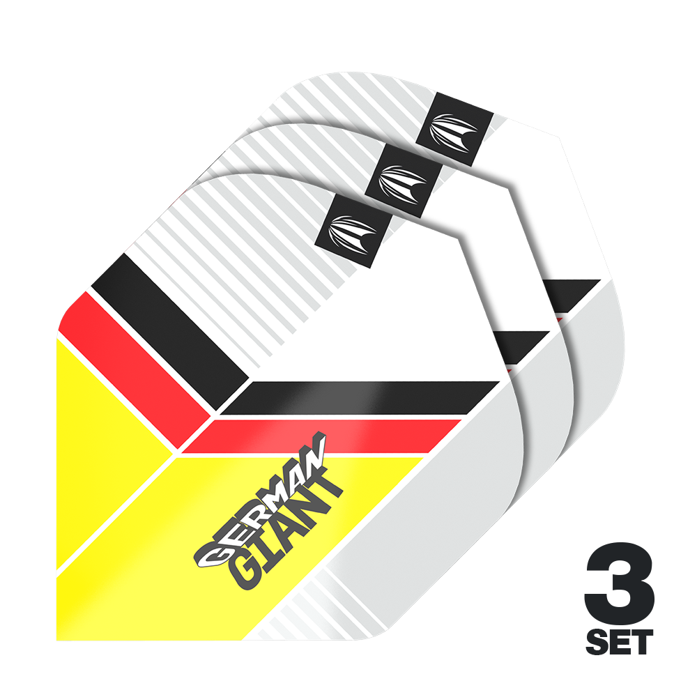 Target Pro Ultra Gabriel Clemens No2 Standard Flights - 3 Sets Das Bild zeigt drei Sätze der "Target Pro Ultra Gabriel Clemens No2 Standard Flights". Die Flights sind im Design der deutschen Flagge gehalten und tragen den Schriftzug "German Giant".
