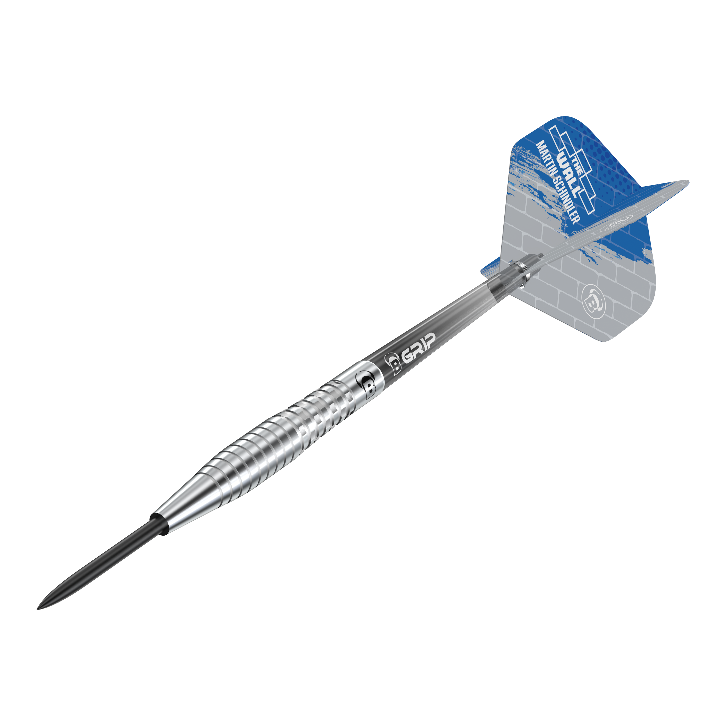 Bulls Martin Schindler Original Generation 2 steel darts Das Bild zeigt einen Bulls Martin Schindler Original Generation 2 Steeldartpfeil. Der Dartpfeil hat einen silbernen, geriffelten Schaft und ein blau-graues Flight mit Aufdruck.