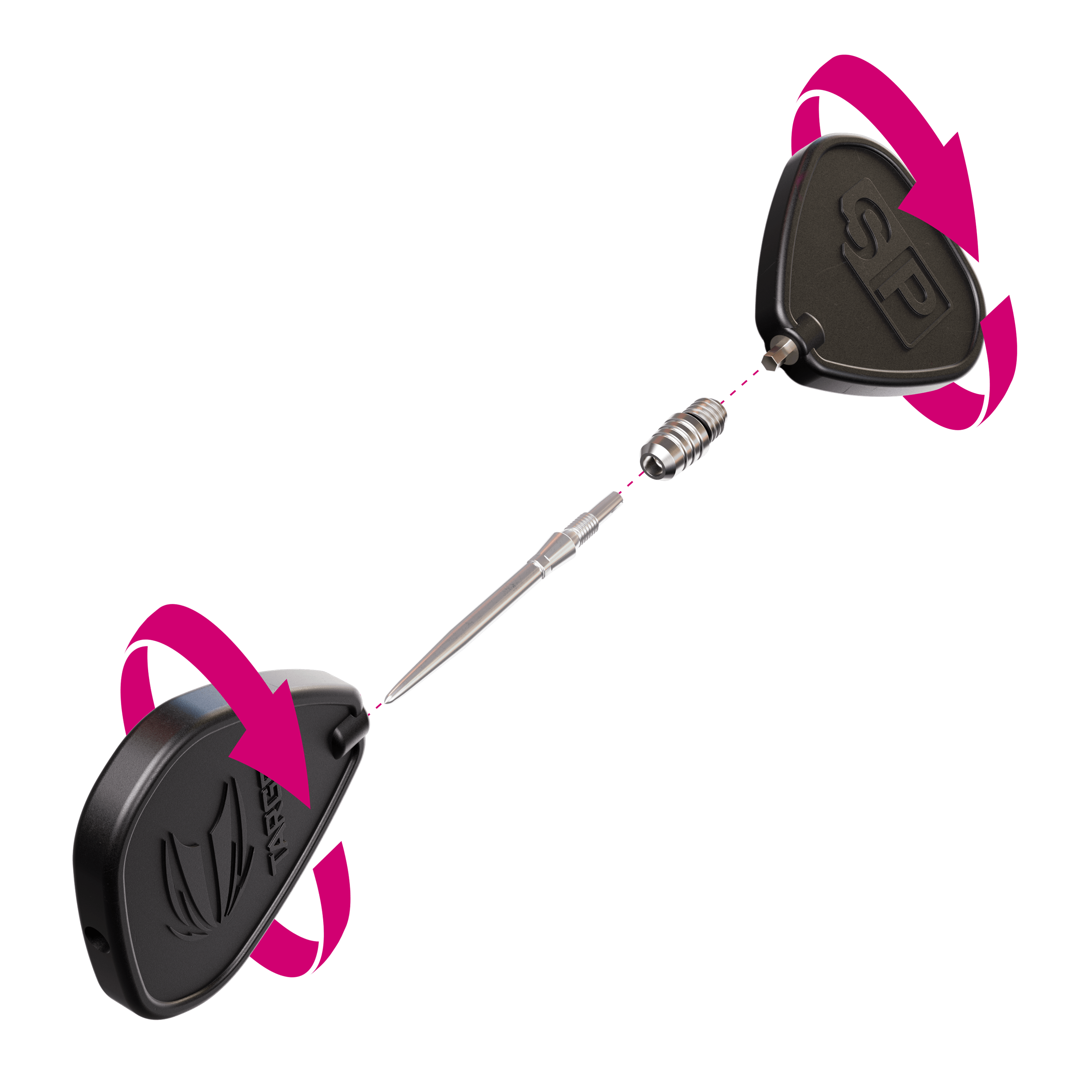 Target Swiss Point 2BA Converter - Silber Das Bild zeigt den Target Swiss Point 2BA Converter in Silber. Zwei Werkzeuge drehen sich, um die Metallspitze im Zentrum zu montieren oder zu entfernen.