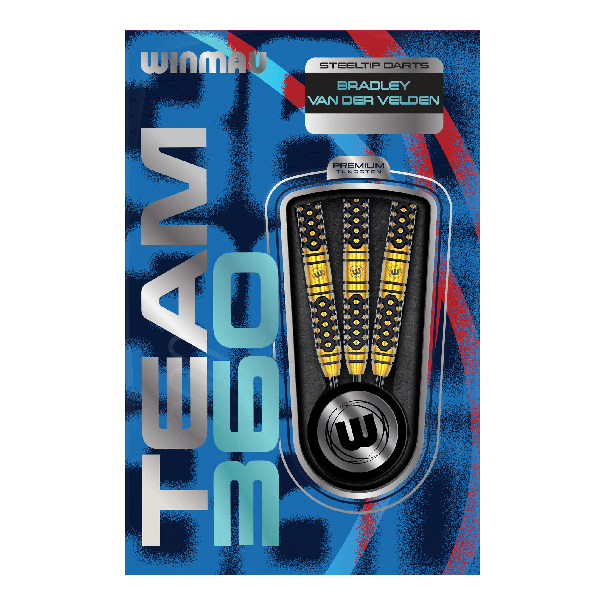 Winmau Team 360 Bradley Van Der Velden Steel Darts - 22g Abgebildet sind die Winmau Team 360 Bradley Van Der Velden Steeldarts - 22g. Das Foto hebt die Form und Verarbeitung der Darts hervor.