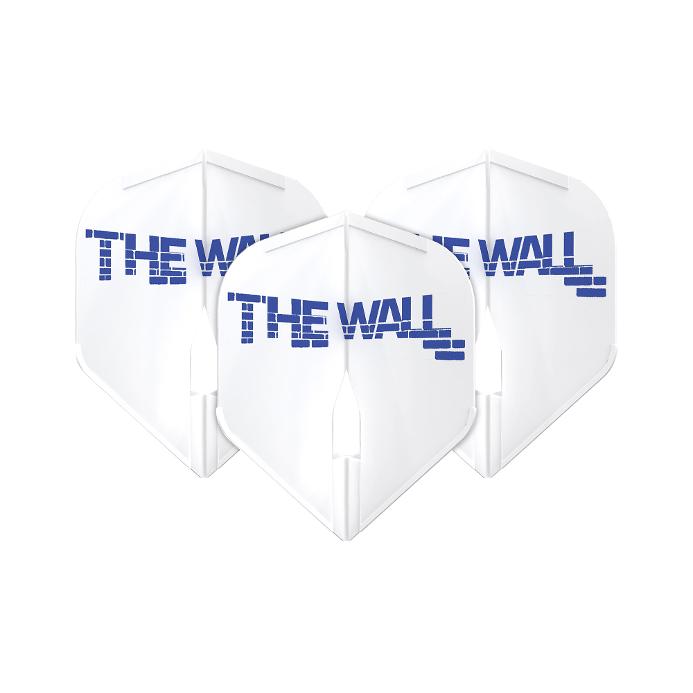 L-Style Martin Schindler White L1PRO Flights Das Bild zeigt drei weiße Dartflights mit der Aufschrift "THE WALL" in blauer Schrift. Die Flights sind das Modell "L-Style Martin Schindler Weiß L1PRO".