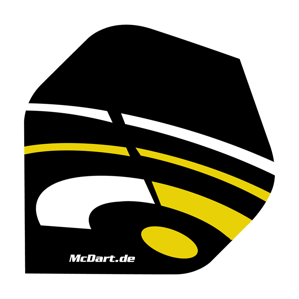 McDart ID Standard Flights - Yellow Das Bild zeigt ein McDart ID Standard Flight in den Farben Schwarz, Gelb und Weiß. Auf dem Flight ist auch die Webseite "McDart.de" aufgedruckt.