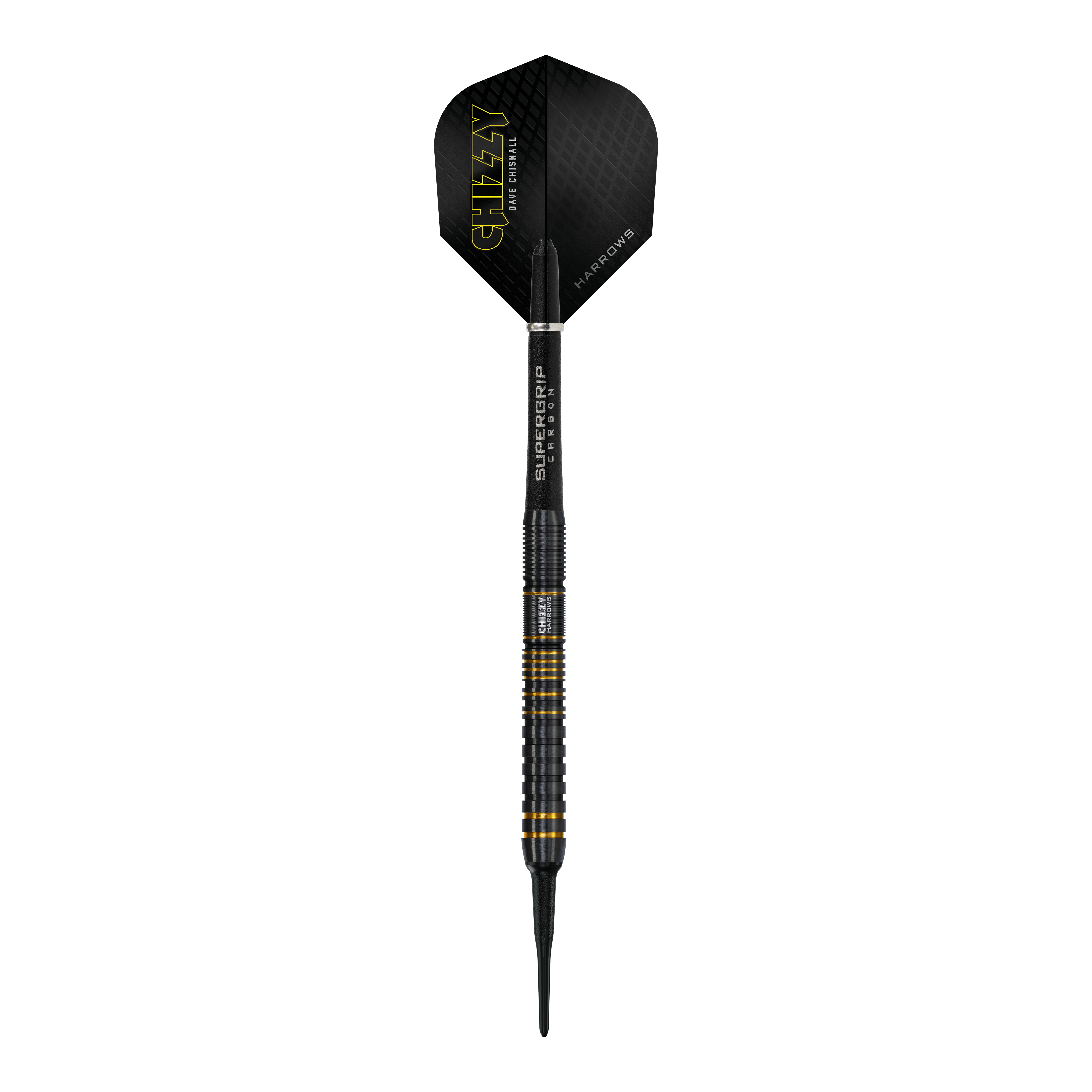 Harrow's Dave Chisnall Chizzy Series 3 soft darts Dieses Bild zeigt einen Harrows Dave Chisnall Chizzy Series 3 Softdart. Der Dartpfeil ist schwarz mit gelben Akzenten und trägt den Schriftzug "CHIZZY" auf dem Flight.