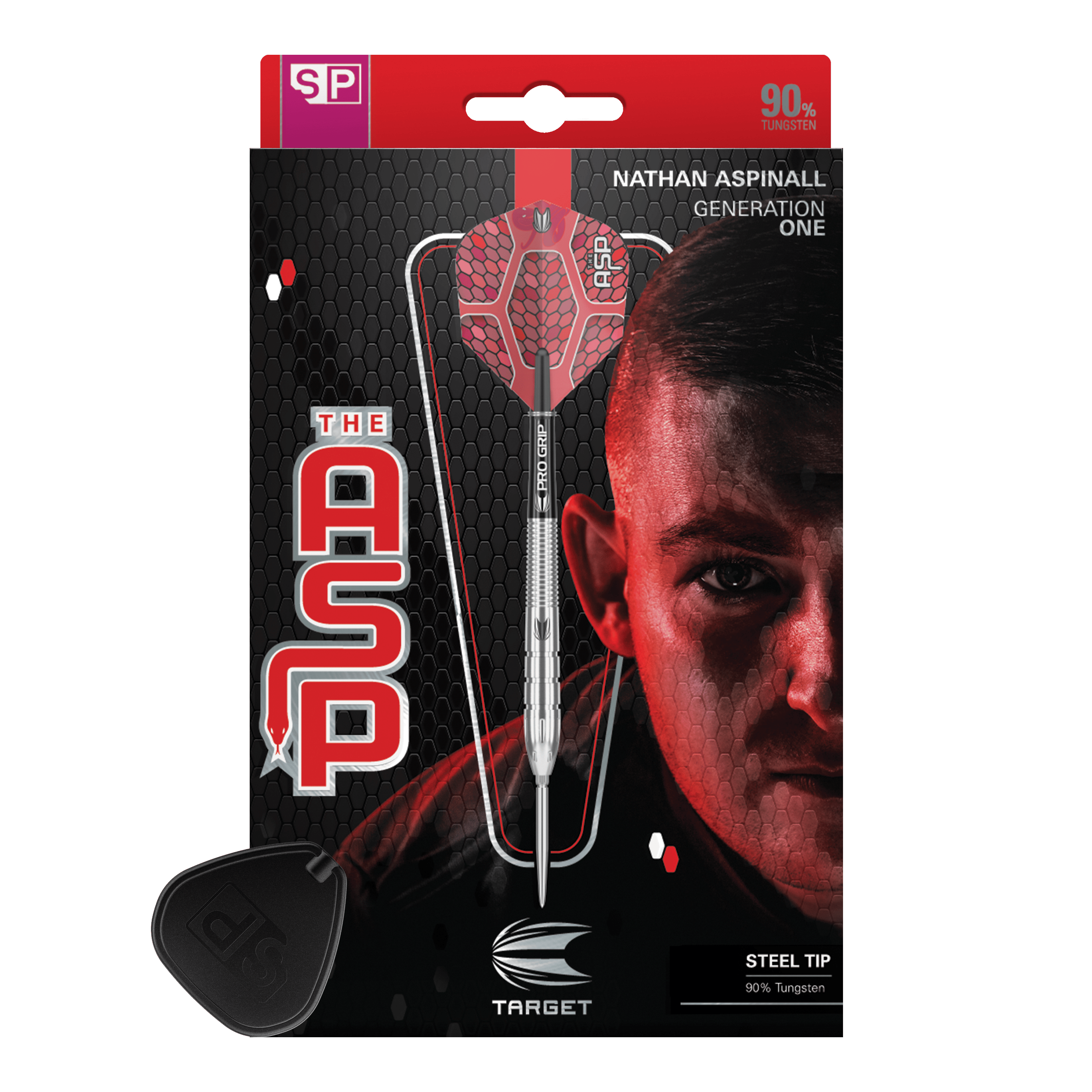 Das Bild zeigt die Verpackung der "Target Nathan Aspinall GEN1 Swiss Point Steeldarts". Auf der Verpackung ist ein Steeldart sowie das Porträt eines Mannes abgebildet.