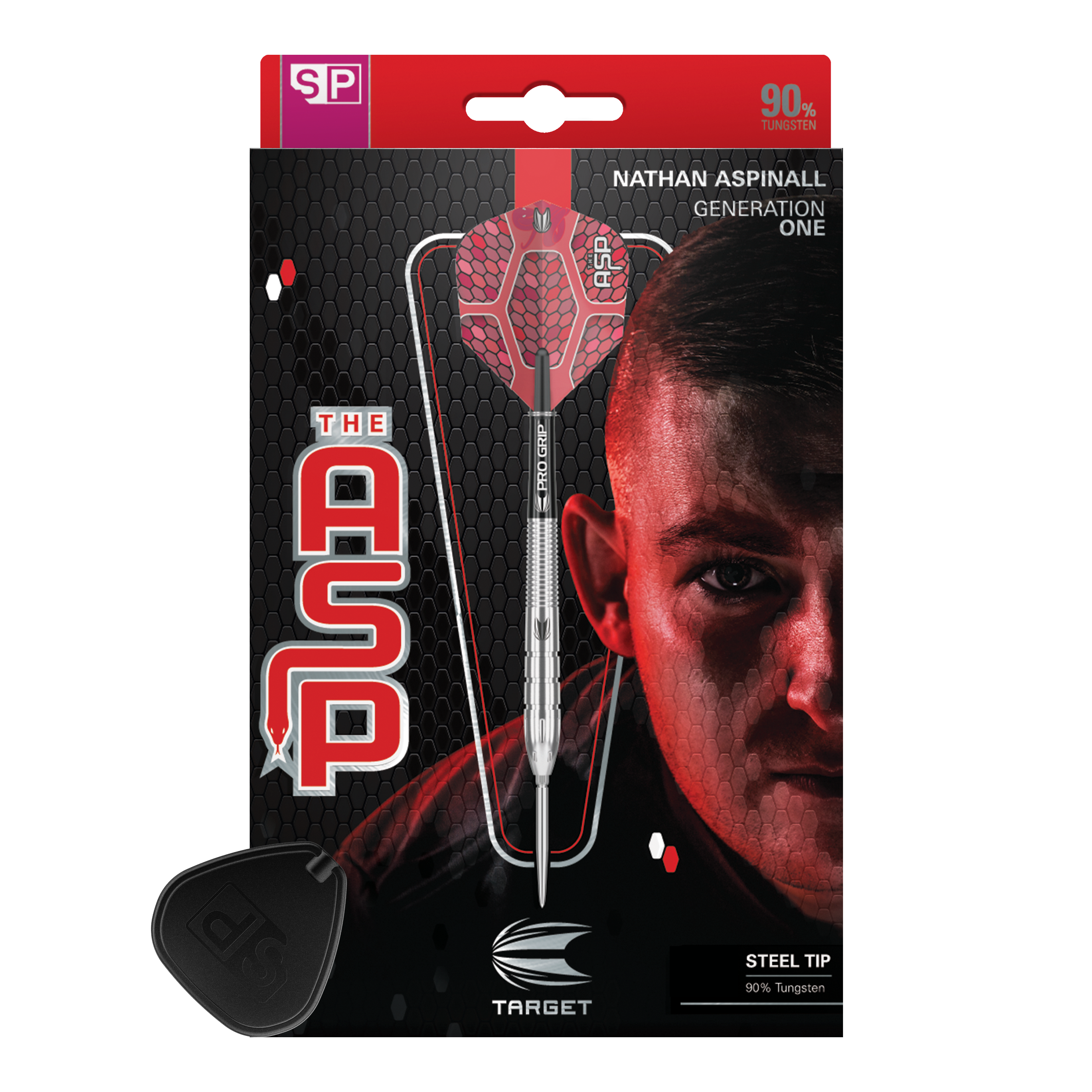 Target Nathan Aspinall GEN1 Swiss Point steel darts Das Bild zeigt die Verpackung der "Target Nathan Aspinall GEN1 Swiss Point Steeldarts". Auf der Verpackung ist ein Steeldart sowie das Porträt eines Mannes abgebildet.