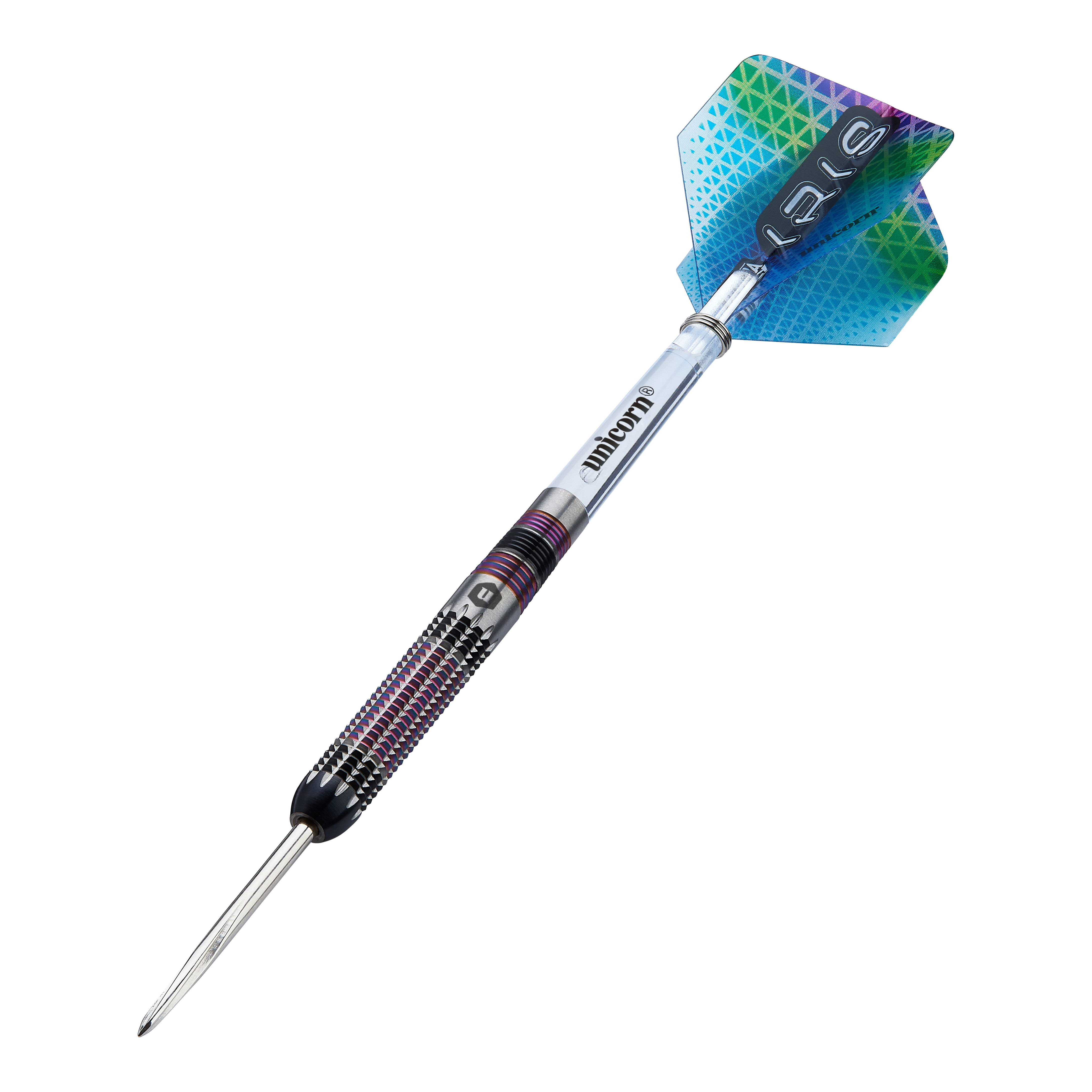 Unicorn Iris Steeldarts Unicorn Iris Steeldarts sind als Set abgebildet. Die Darts haben eine auffällige Form.