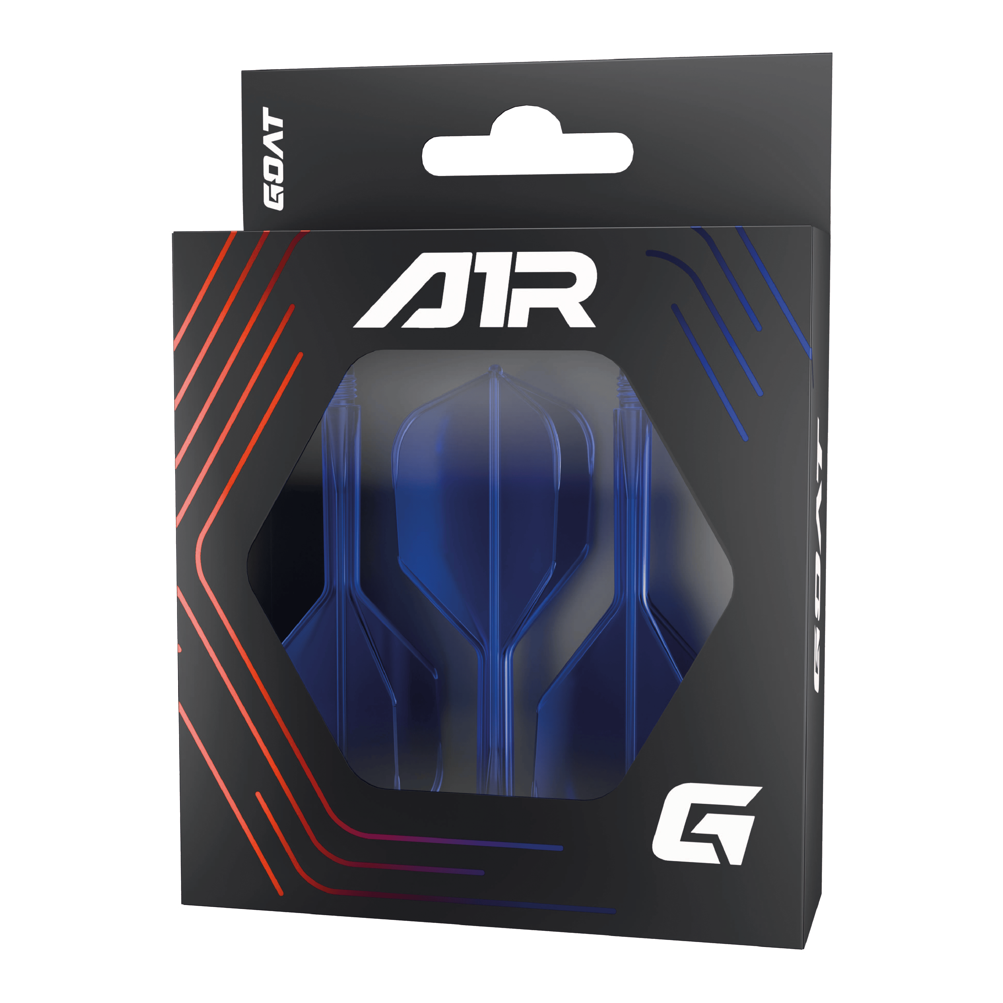 GOAT A1R No6 Flight Shaft System - Blue Die Abbildung zeigt das Produkt "GOAT A1R No6 Flight-Shaft-System - Blau" in seiner Verpackung. Im Inneren sind blaue Dart-Flights und -Schäfte sichtbar.