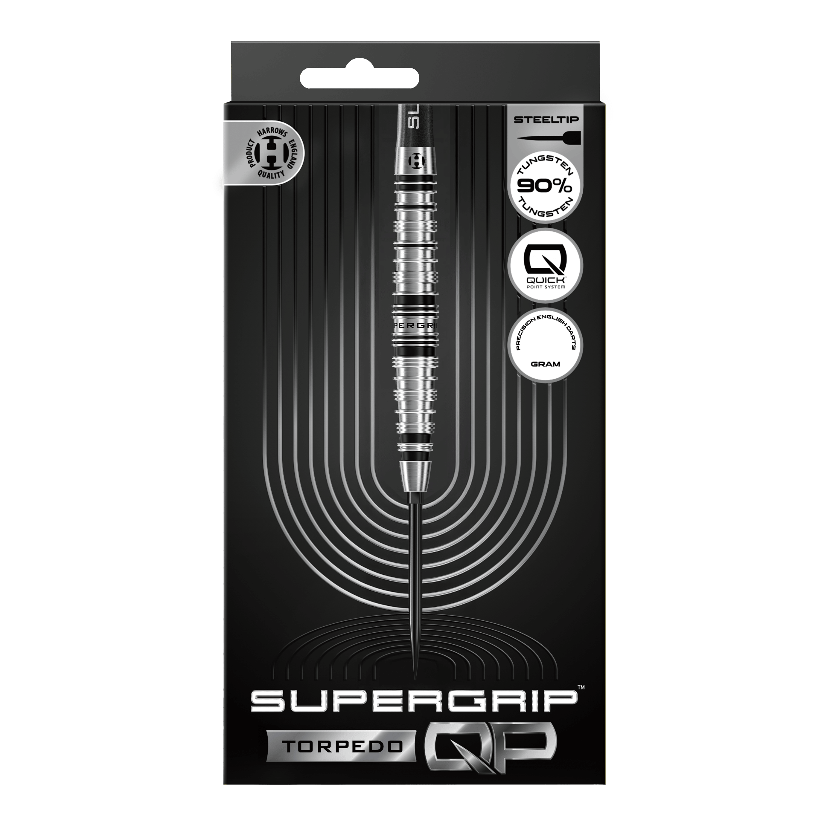 Hier werden die Harrows Supergrip Torpedo Quick Point Steeldarts dargestellt. Diese Darts sind robust und für hohe Performance beim Spielen geeignet.