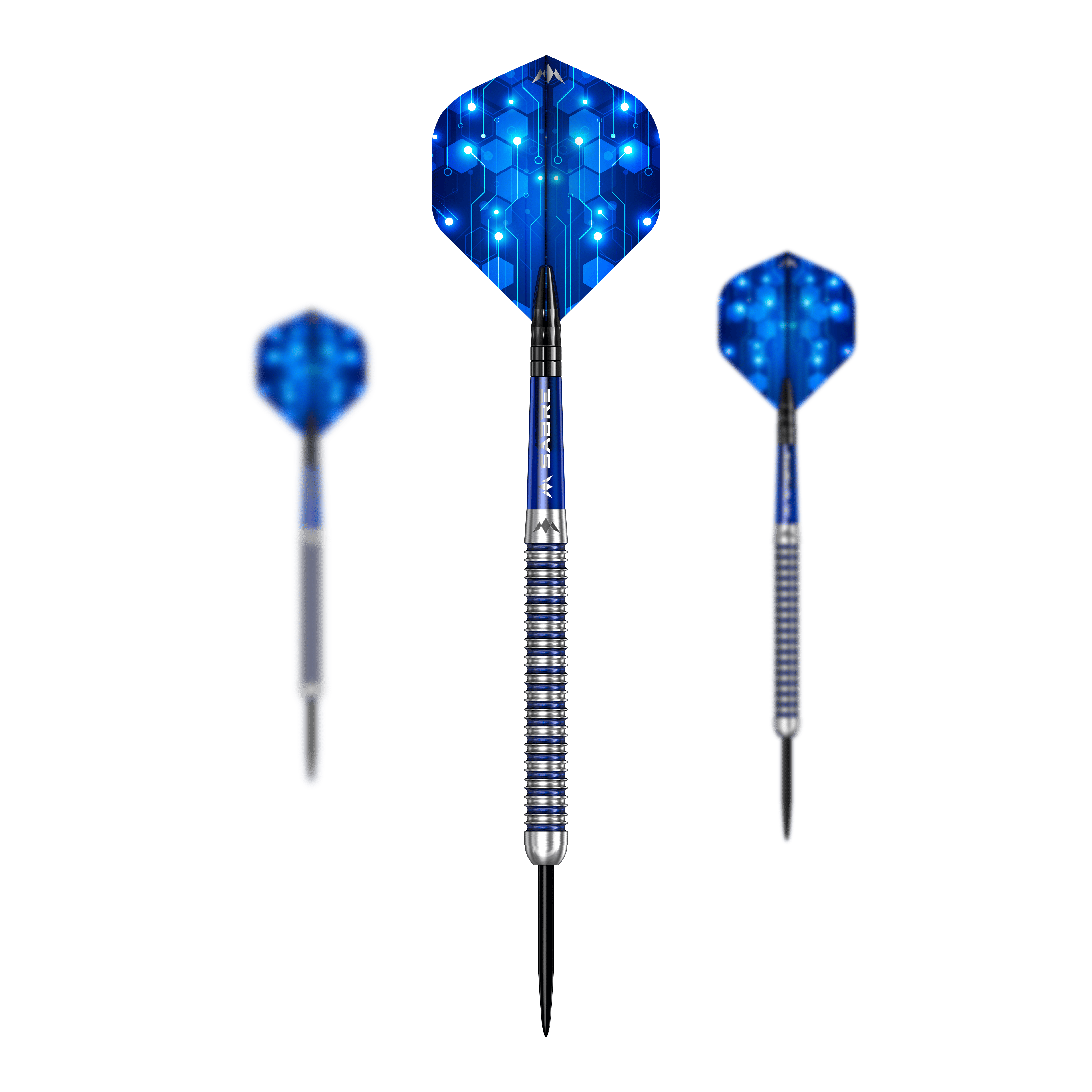 Mission ION Blue Silver steel darts Hier ist das Set Mission ION Blue Silver Steeldarts dargestellt. Es handelt sich um hochwertige Steeldarts in Blau und Silber.
