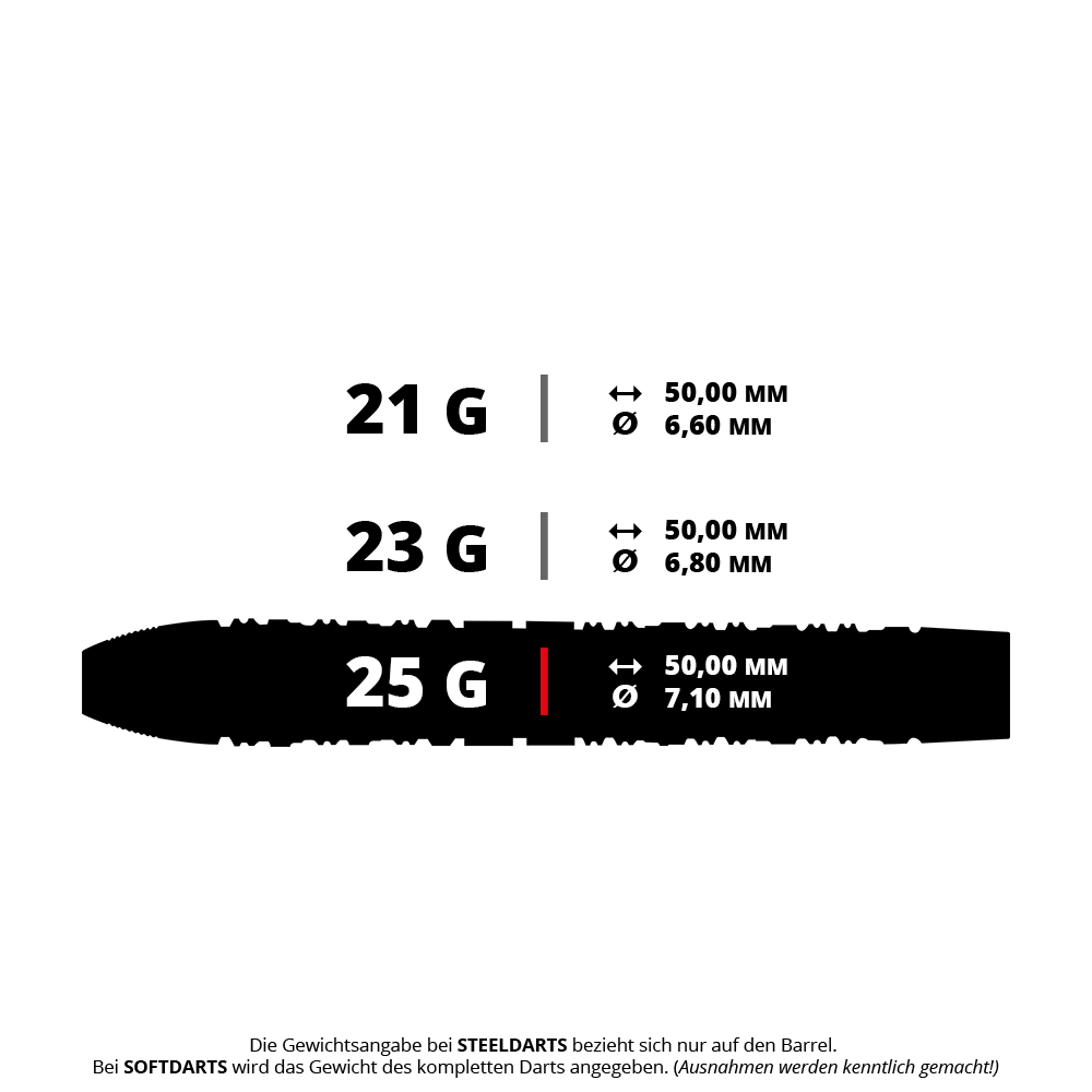 Harrow's Damon Heta Series 3 steel darts Das Bild zeigt drei verschiedene Gewichtsoptionen für Steeldarts: 21 g, 23 g und 25 g, jeweils mit einer Länge von 50,00 mm. Der Durchmesser variiert zwischen 6,60 mm, 6,80 mm und 7,10 mm.