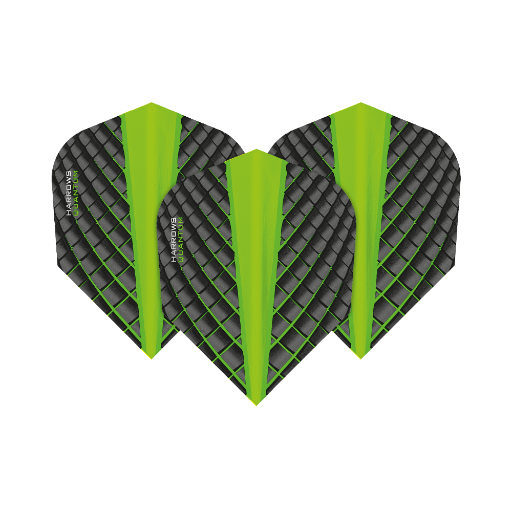 HR6800_Harrows_Quantum_Gr-n_No6_Flights_1X4t8lc1JWy6no Das Bild zeigt drei grüne Harrows Quantum No6 Flights für Dartpfeile. Die Flights haben ein modernes, schwarzes und grünes Rautenmuster mit einer auffälligen Mittelachse.