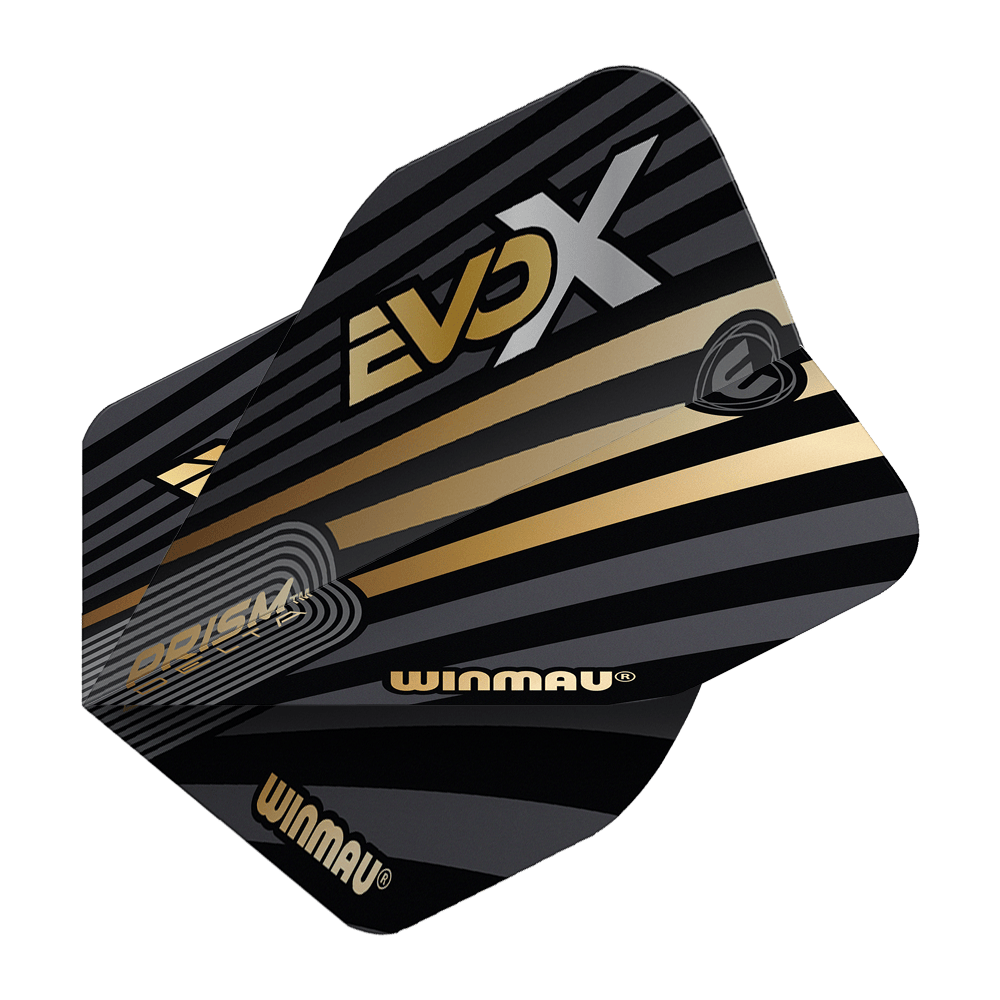 Das Bild zeigt die Winmau Prism Delta MvG Evo-X No2 Standard Flights. Die Flights sind schwarz-gold gestaltet und mit den Aufschriften "EVO X", "WINMAU" und "PRISM DELTA" versehen.
