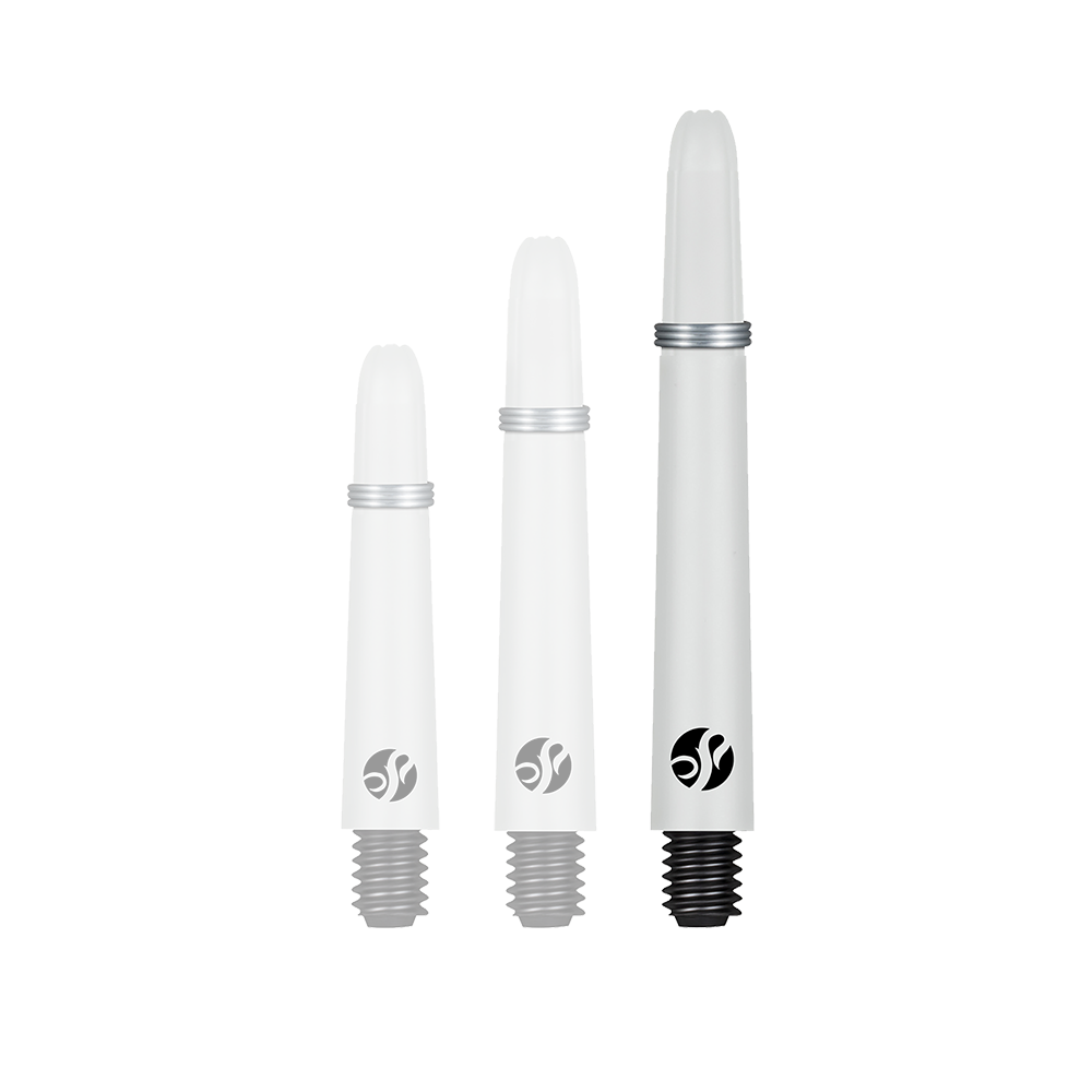 Shot Koi Carbon Shafts - White Das Bild zeigt drei weiße Dartschäfte in unterschiedlichen Längen. Jeder Schaft hat einen schwarzen Schraubgewinde und einen silbernen Ring.