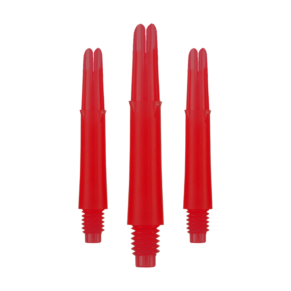 L-L-Style-Shafts Locked Straight - Red Auf dem Bild sind drei rote, gerade Dartschäfte zu sehen. Sie haben ein Schraubgewinde am unteren Ende und sind jeweils 32 mm lang.