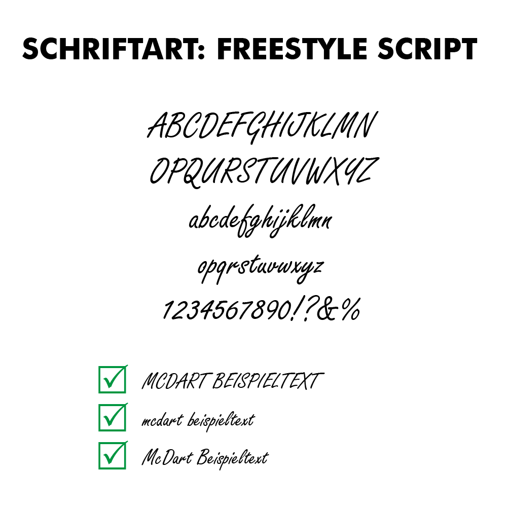 Flightdruck-Schriftart-Freestyle-Scriptjs85TAI9E00rd Das Bild zeigt die Schriftart "Freestyle Script" mit Beispielbuchstaben und Zahlen. Unten werden Beispieltexte in dieser Schriftart angezeigt, jeweils mit einem grünen Häkchen davor.