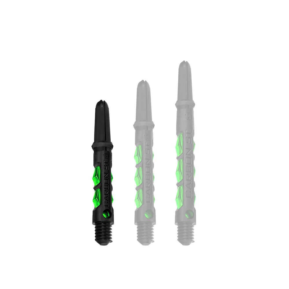 HR422_Harrows_Carbon_ST_Shafts_Gr-n_33mm_1KJ16d1w2pPpA4 Das Bild zeigt drei Harrows Carbon ST Shafts in der Farbe Grün. Die Shafts sind jeweils in unterschiedlichen Längen angeordnet.