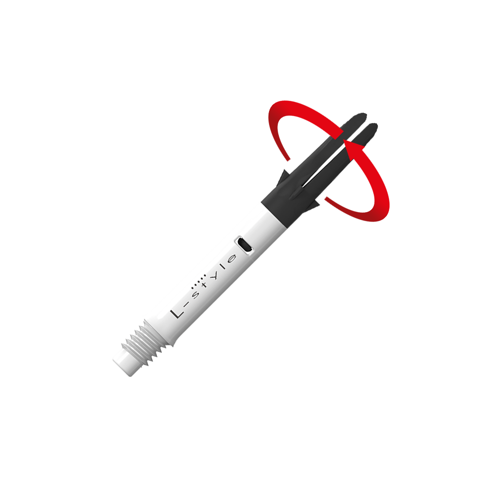 L-L-Style-Shaft Carbon Silent Straight - White Das Bild zeigt einen weißen und schwarzen Dartshaft mit der Aufschrift "L-style". Ein roter Pfeil deutet auf eine Drehbewegung an der oberen schwarzen Spitze des Schafts hin.