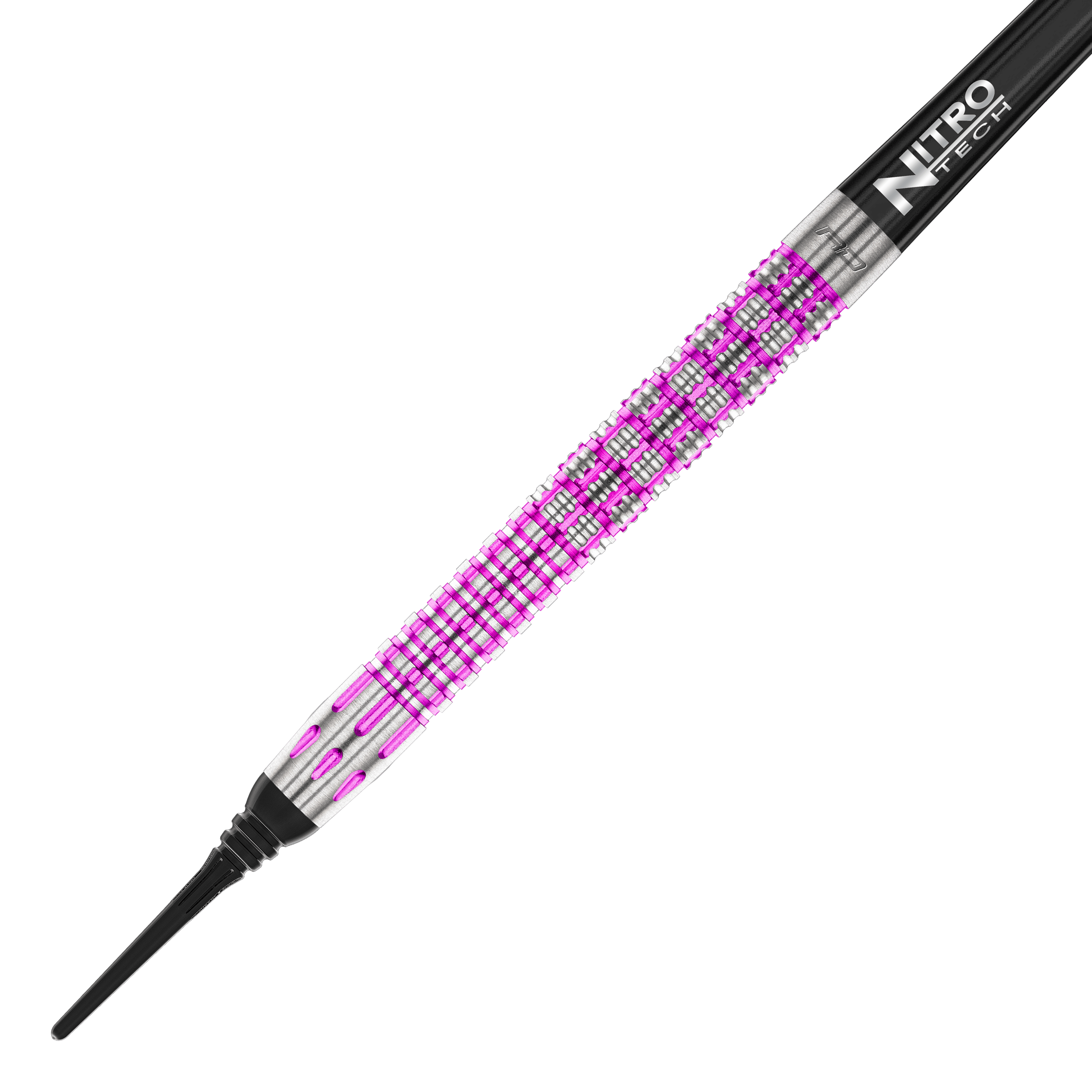 Red Dragon Tyrian Soft Darts - 22g Das Bild zeigt einen Red Dragon Tyrian Softdart mit einem Gewicht von 22g. Der Dart hat ein auffälliges Muster in Silber und Pink am Griff.
