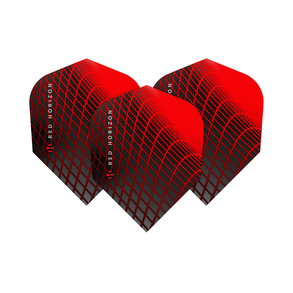 HR69_Harrows_Prime_Red_Horizon_No6_Flights_1D10FxMoagcznt Das Bild zeigt drei Harrows Prime Red Horizon No6 Flights mit einem auffälligen roten und schwarzen Gitterdesign. Auf den Flights steht der Schriftzug "Red Horizon" seitlich geschrieben.