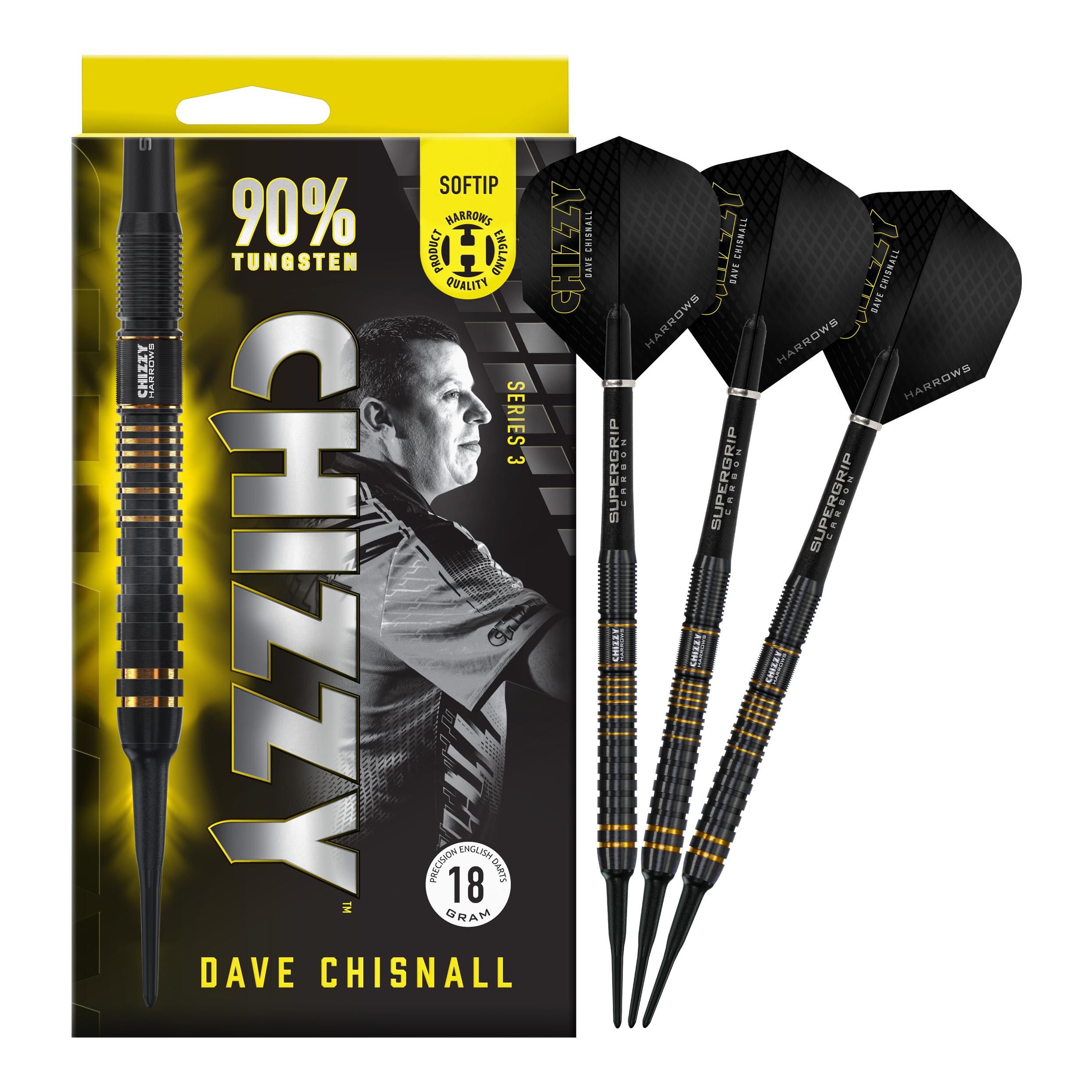 Harrow's Dave Chisnall Chizzy Series 3 soft darts Das Bild zeigt eine Packung der "Harrows Dave Chisnall Chizzy Series 3 Softdarts" mit drei schwarzen Softdarts daneben. Auf der Verpackung steht, dass die Darts zu 90% aus Tungsten bestehen und 18 Gramm wiegen.