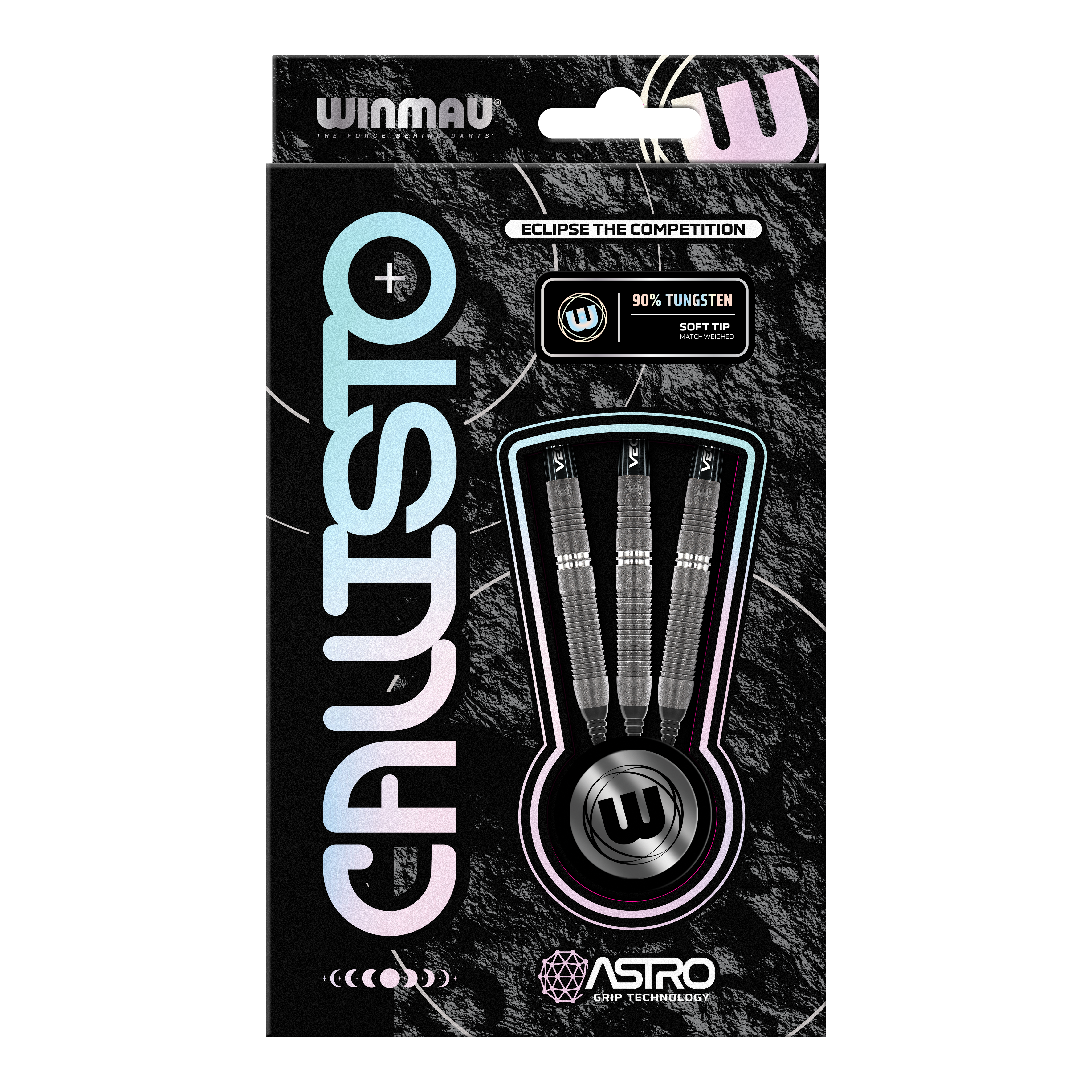 Winmau Callisto 03 soft darts - 20g Die Abbildung zeigt die Verpackung der Winmau Callisto 03 Softdarts mit einem Gewicht von 20 g. In der Schachtel sind drei schwarze Darts mit 90 % Tungsten und Softtip sichtbar.