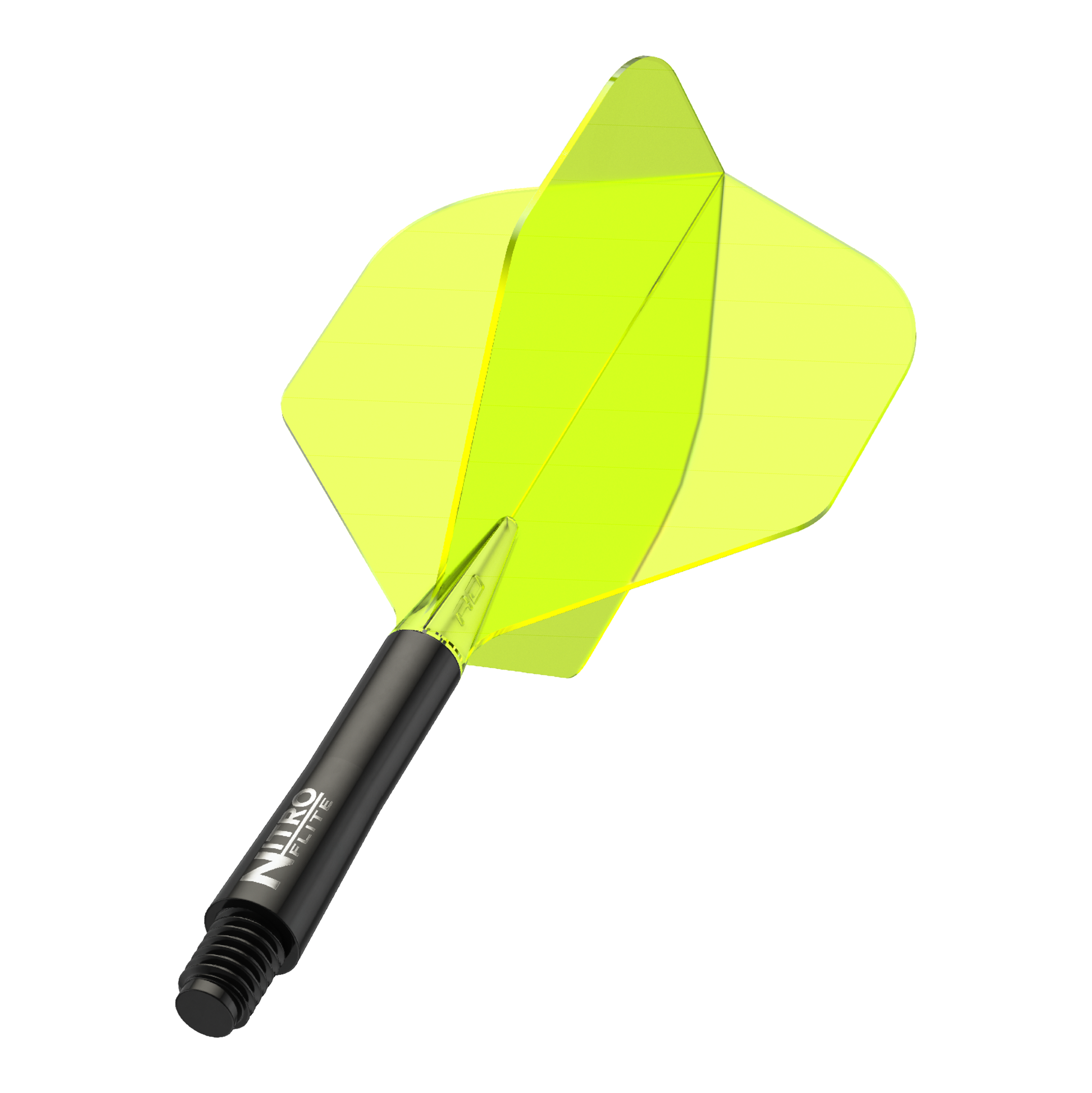 Red Dragon Nitroflite - Black Shaft Yellow No2 Flights Das Bild zeigt einen Dartpfeil mit einem schwarzen Schaft und leuchtend gelben Flights. Auf dem Schaft steht der Schriftzug "Nitro Flite".