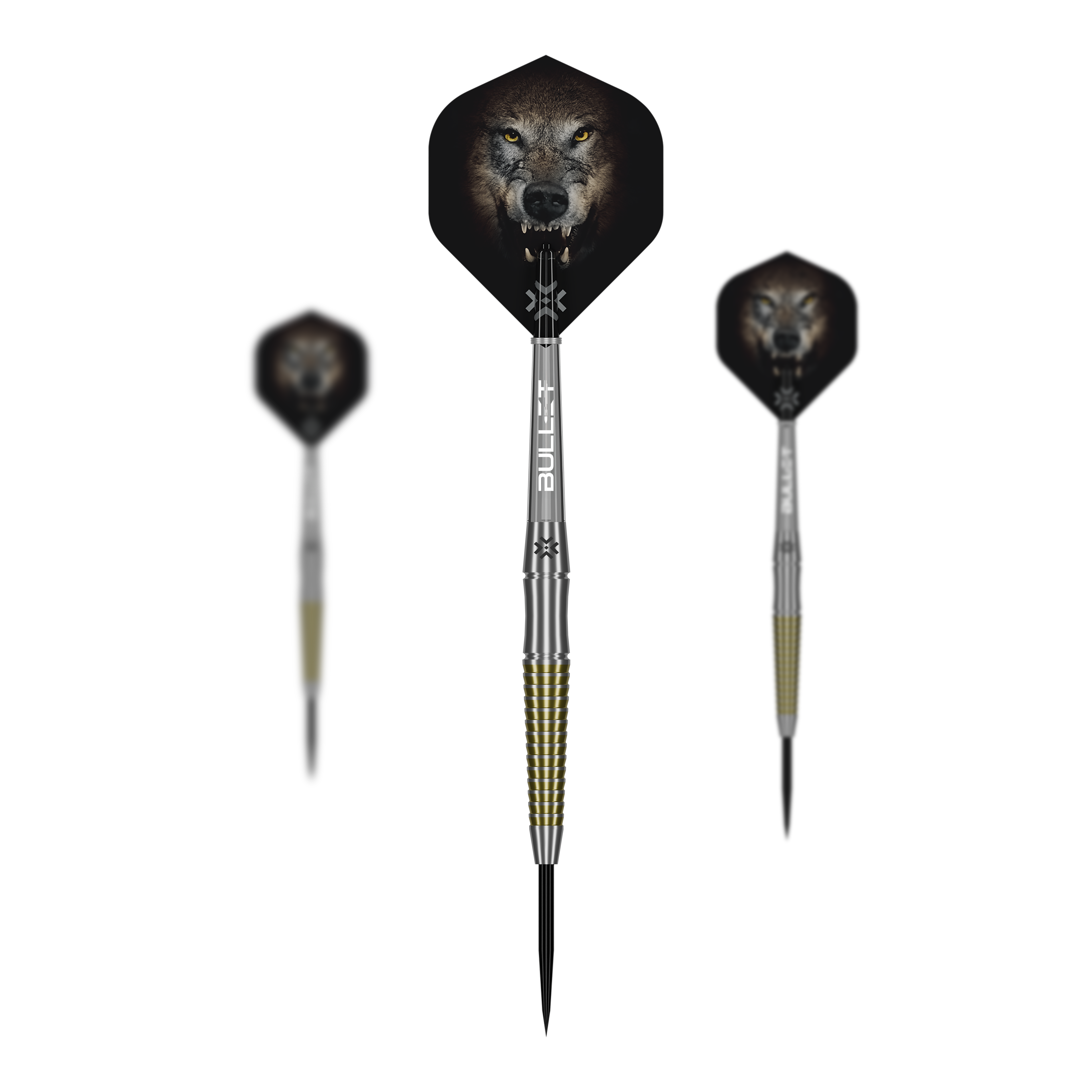 Das Bild präsentiert ein Set der Bullet Fang Steeldarts. Mehrere Darts sind als Set zusammen abgebildet.