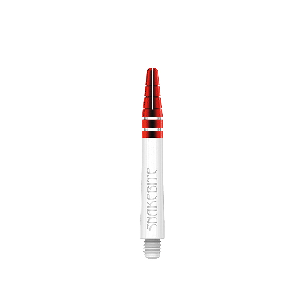 C803_Red_Dragon_Nitrotech_Peter_Wright_White_Red_Shafts_39mm_12xmZopmpw5NS1 Das Bild zeigt einen Red Dragon Nitrotech Peter Wright Red Shaft in 39 mm Länge. Der Schaft ist weiß mit roten und silbernen Akzenten gestaltet und trägt die Aufschrift "Snakebite".