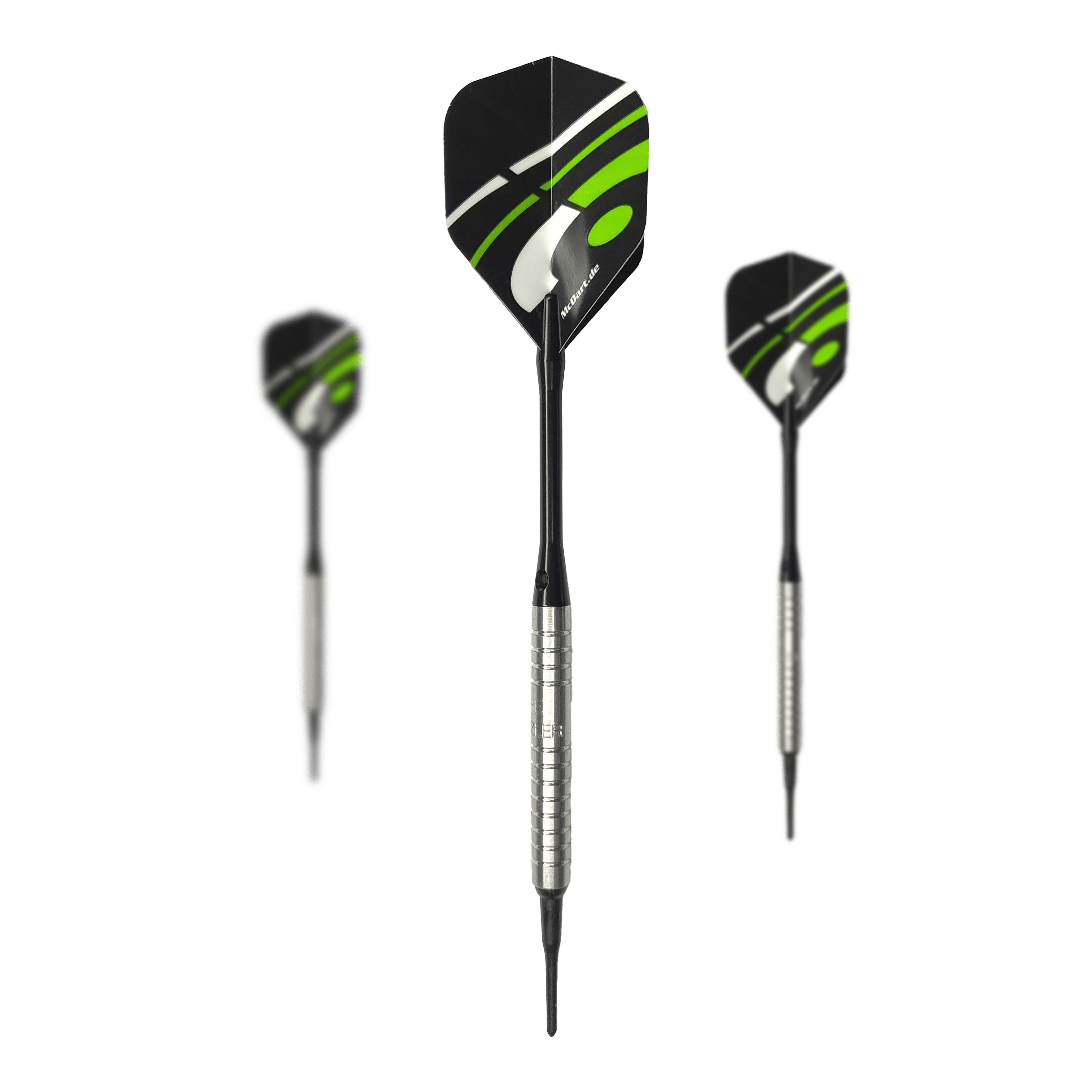 McDart 85 Tungsten V16 soft darts - 16.5g Das Bild zeigt drei Softdarts des Modells "McDart 85er Tungsten V16" mit einem Gewicht von 16,5g. Die Darts haben silberne Griffe und schwarze Flights mit grünen und weißen Akzenten.