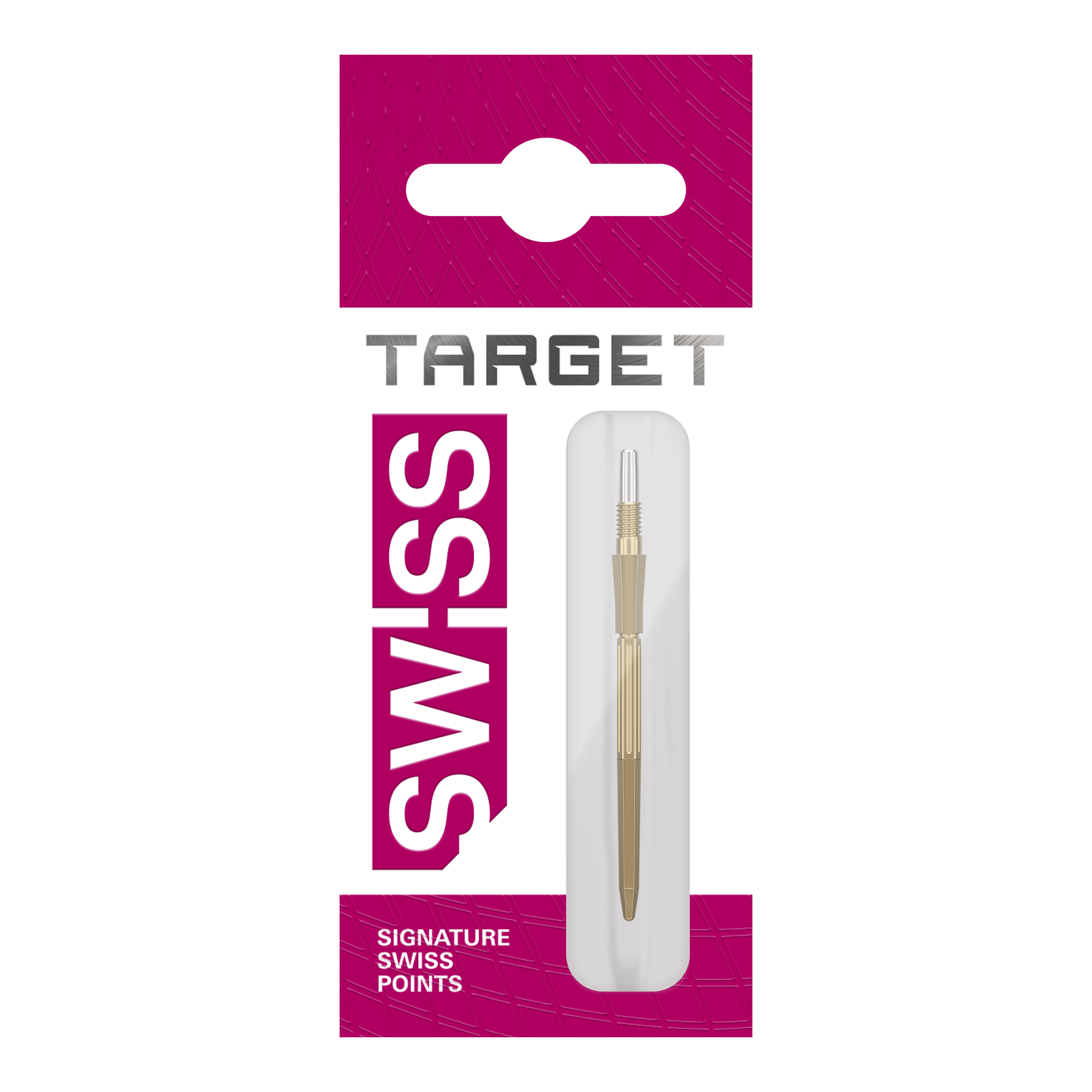 Abgebildet sind drei goldene Dartspitzen. Diese Dartspitzen sind Target Elysian Archetype 43 SwissPoint, 35 mm.