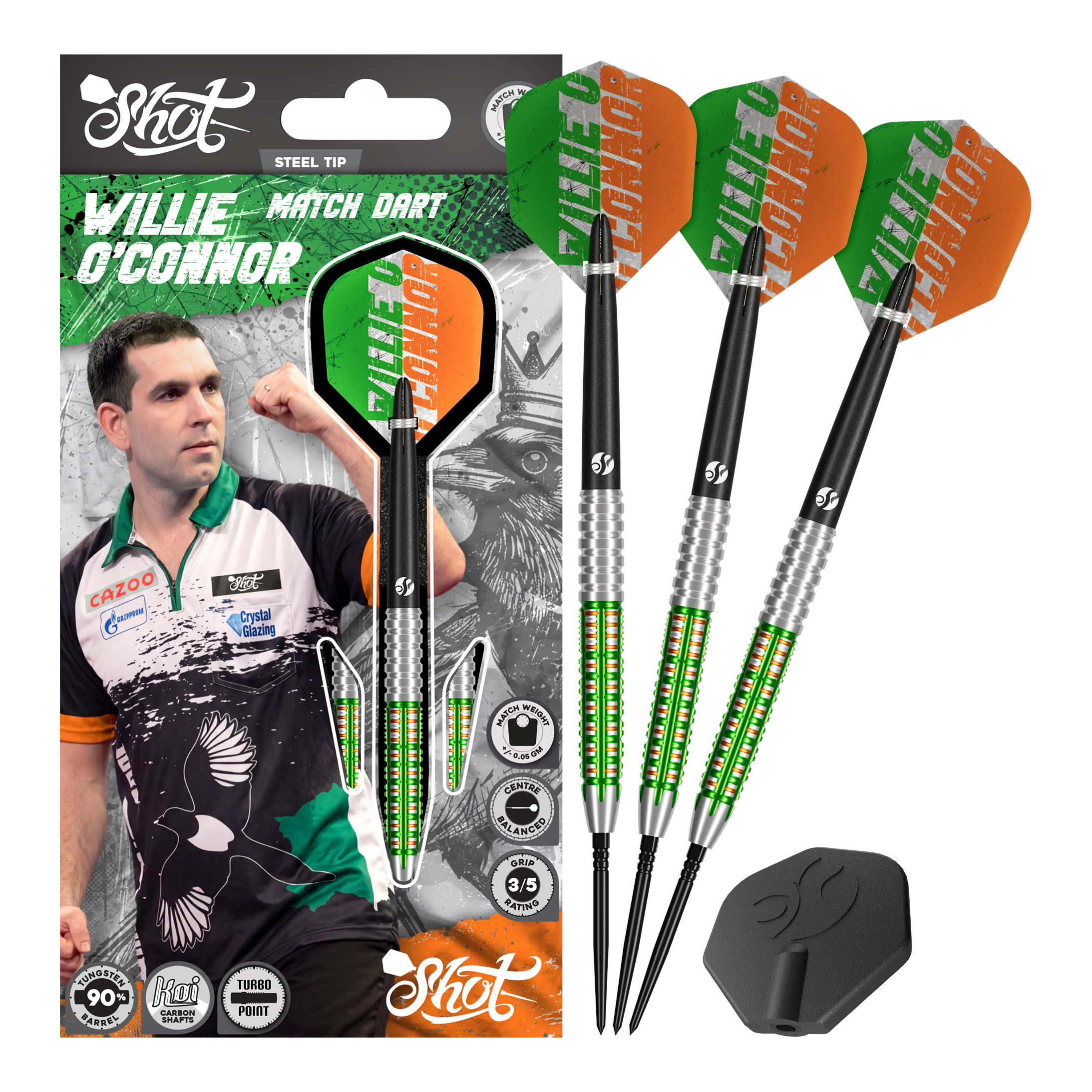 Shot Pro Series Willie O'Connor Turbo Point Steeldarts werden vollständig gezeigt. Die Darts besitzen spezielle Gravuren.