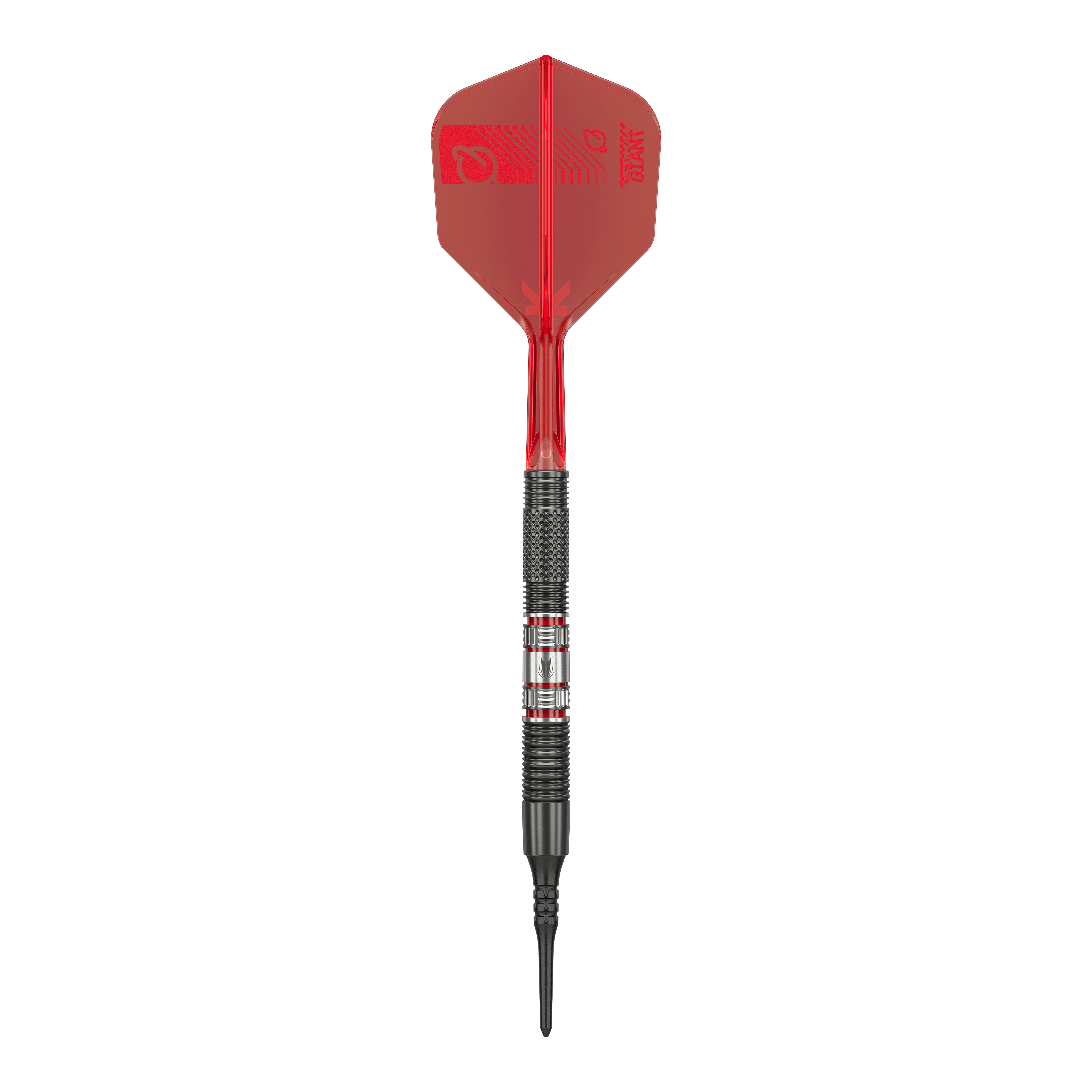 Target Gabriel Clemens 95K soft darts - 19g Das Bild zeigt einen Softdartpfeil des Modells „Target Gabriel Clemens 95K Softdarts - 19g“. Der Pfeil hat eine rote Flight, einen schwarzen Griffbereich und eine schwarze Spitze.