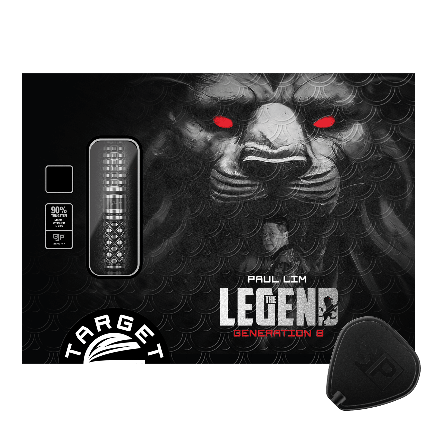 Target Japan Paul Lim The Legend GEN8 Swiss Point Steeldarts - 24g Die Verpackung zeigt die "Target Japan Paul Lim The Legend GEN8 Swiss Point Steeldarts - 24g". Im Hintergrund ist ein Löwenkopf mit roten Augen und ein Porträt von Paul Lim zu sehen.