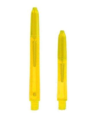 glow1520368021563e Das Bild zeigt zwei gelbe Glowlite Shafts in unterschiedlicher Länge. Sie bestehen aus transparentem Kunststoff und haben ein Schraubgewinde am unteren Ende.