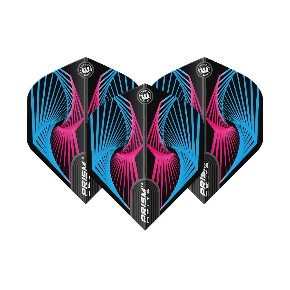 6915-239_Winmau_Prism_Delta_Spiral_BluePink_Standard_Flights_1520d05RfZ8RSR Das Bild zeigt drei Dartflights des Modells "Winmau Prism Delta Spiral BluePink Standard". Die Flights haben ein auffälliges Spiraldesign in Blau und Pink auf schwarzem Hintergrund.