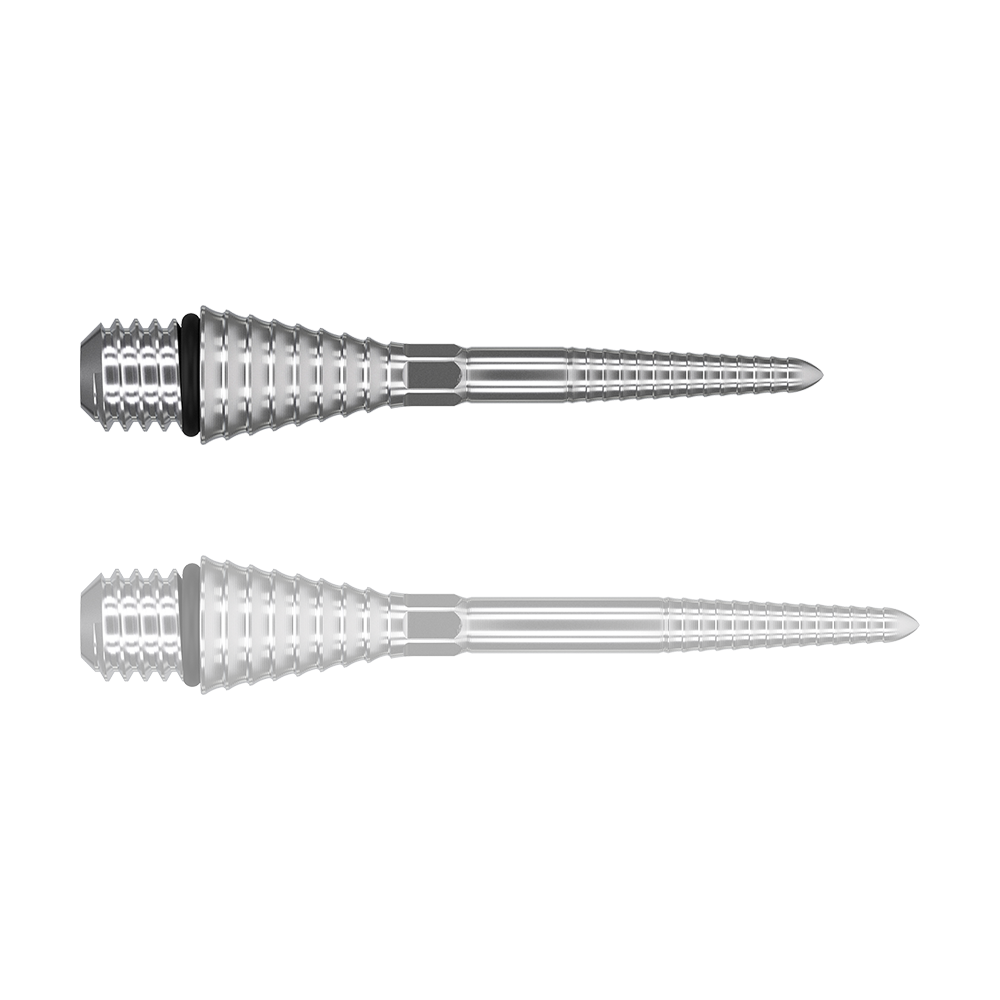 380180_Target_Titanium_Swiss_Point_Grooved_Conversion_Points_Silber_26mm_10YAdudCzG7xN4 Das Bild zeigt zwei silberne, geriffelte Spitzen, die nebeneinander liegen. Sie wirken metallisch und haben eine konische Form mit gewindeförmigem Ende.