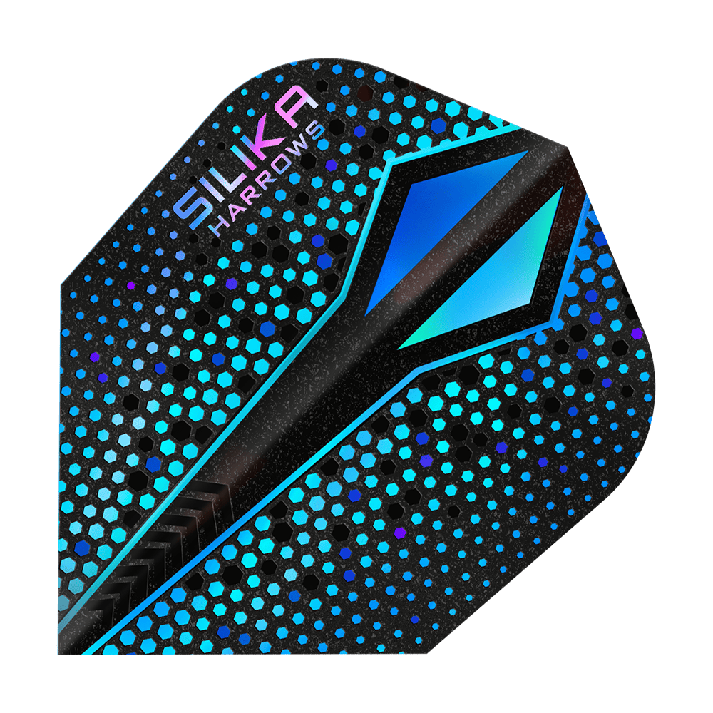 Harrows Silika Colorshift Tough Crystalline Coating Blue-X No6 Flights Das Bild zeigt ein Dart-Flight mit dem Namen "Harrows Silika Colourshift Tough Crystalline Coating Blue-X No6". Das Flight hat ein modernes Design mit blauen und schwarzen hexagonalen Mustern und einer glänzenden Oberfläche.