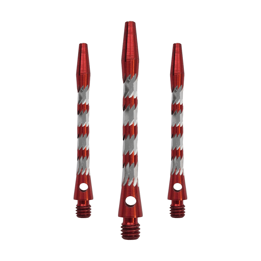 Bulls NL Minor Aluminum Shafts - Red - 46 mm Bulls NL Minor Aluminium Shafts in Rot, 46 mm lang. Das Bild zeigt ein Set roter Aluminiumschäfte für Dartpfeile.