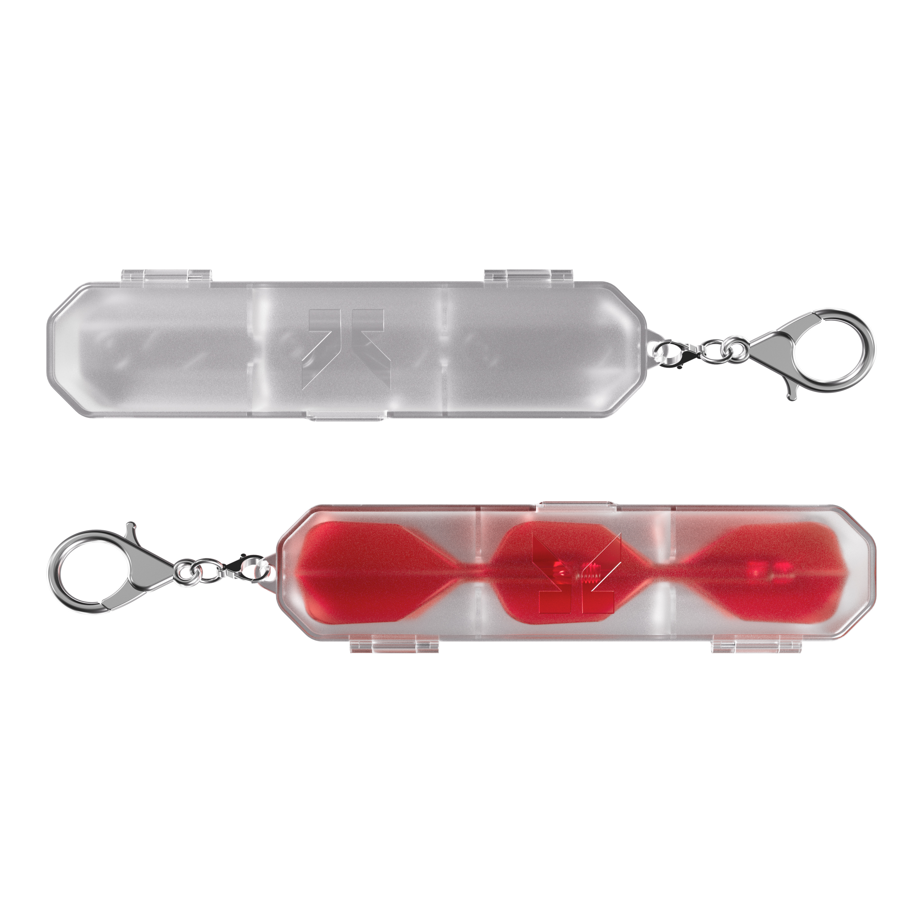 Target K-Flex K-Case Flight Box Das Bild zeigt zwei Target K-Flex K-Case Flightboxen mit transparenter Hülle. Eine Box enthält rote Dartflights, die durch das Kunststoffgehäuse sichtbar sind.