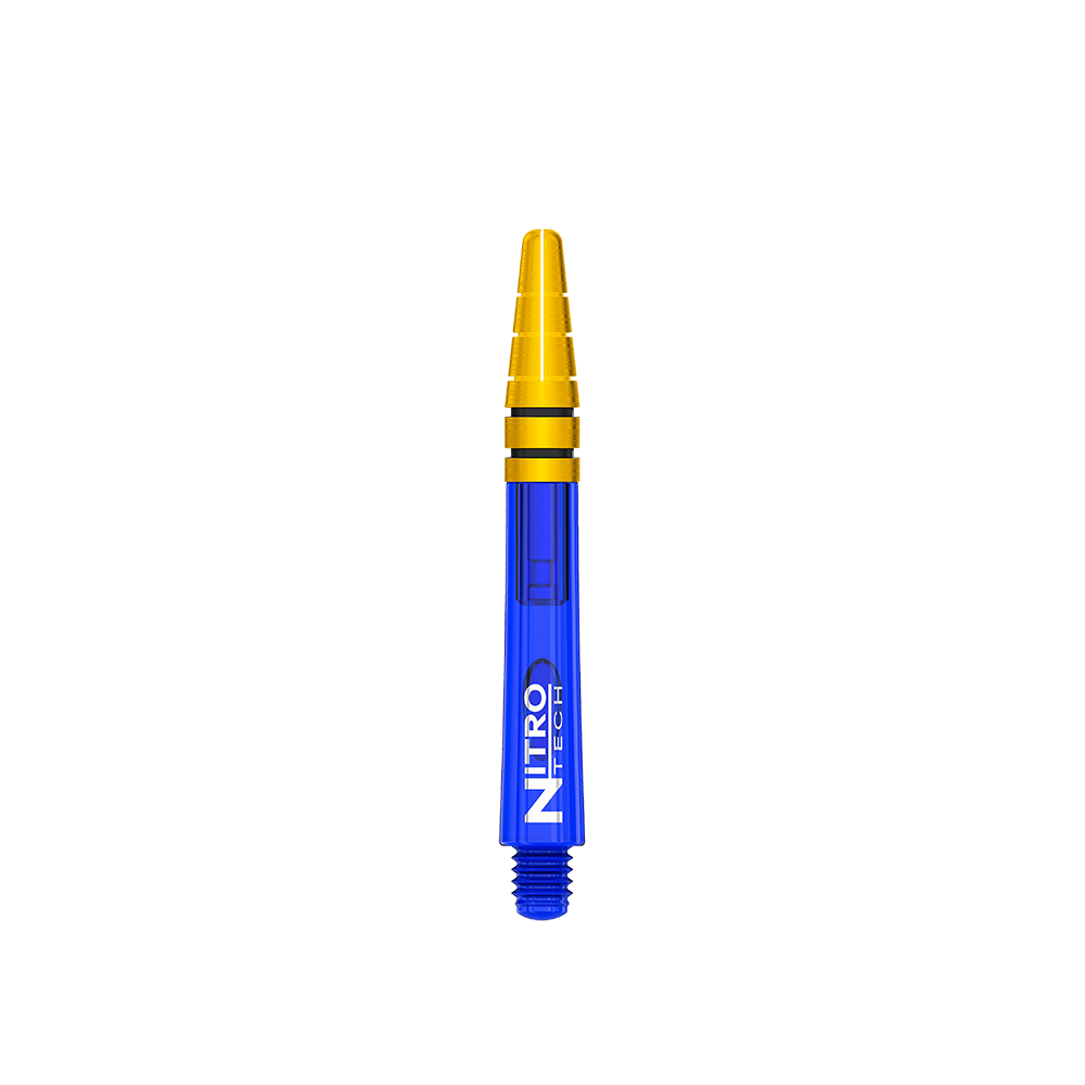 C799_Red_Dragon_Nitrotech_Shafts_Blau_Gold_39mm_1Y7u22MrYH4ORG Das Bild zeigt einen Red Dragon Nitrotech Shaft in Blau und Gold mit einer Länge von 39 mm. Auf dem blauen Schaft steht der Schriftzug "Nitro Tech".