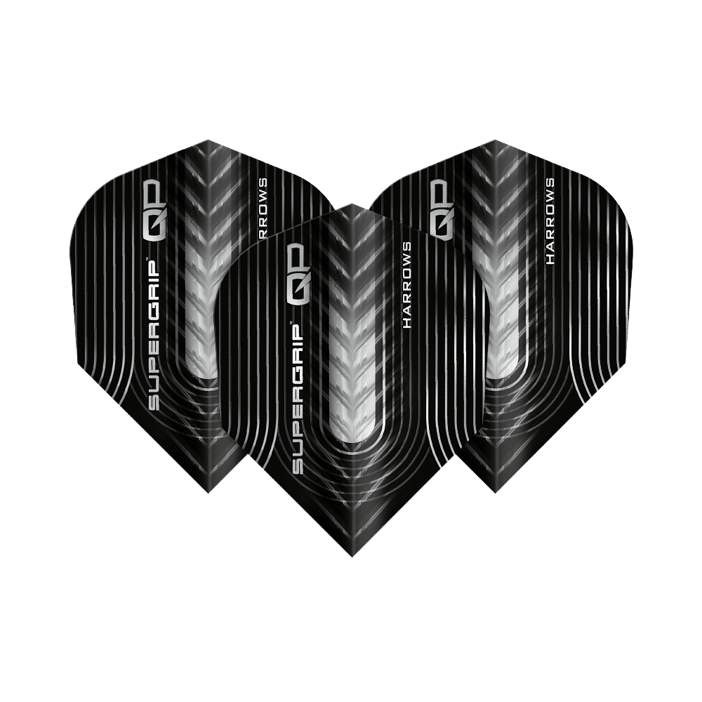 Harrows Supergrip QP No6 Flights sind Dartflights mit besonderem Design. Dieses Bild zeigt ein Set dieser Flights.