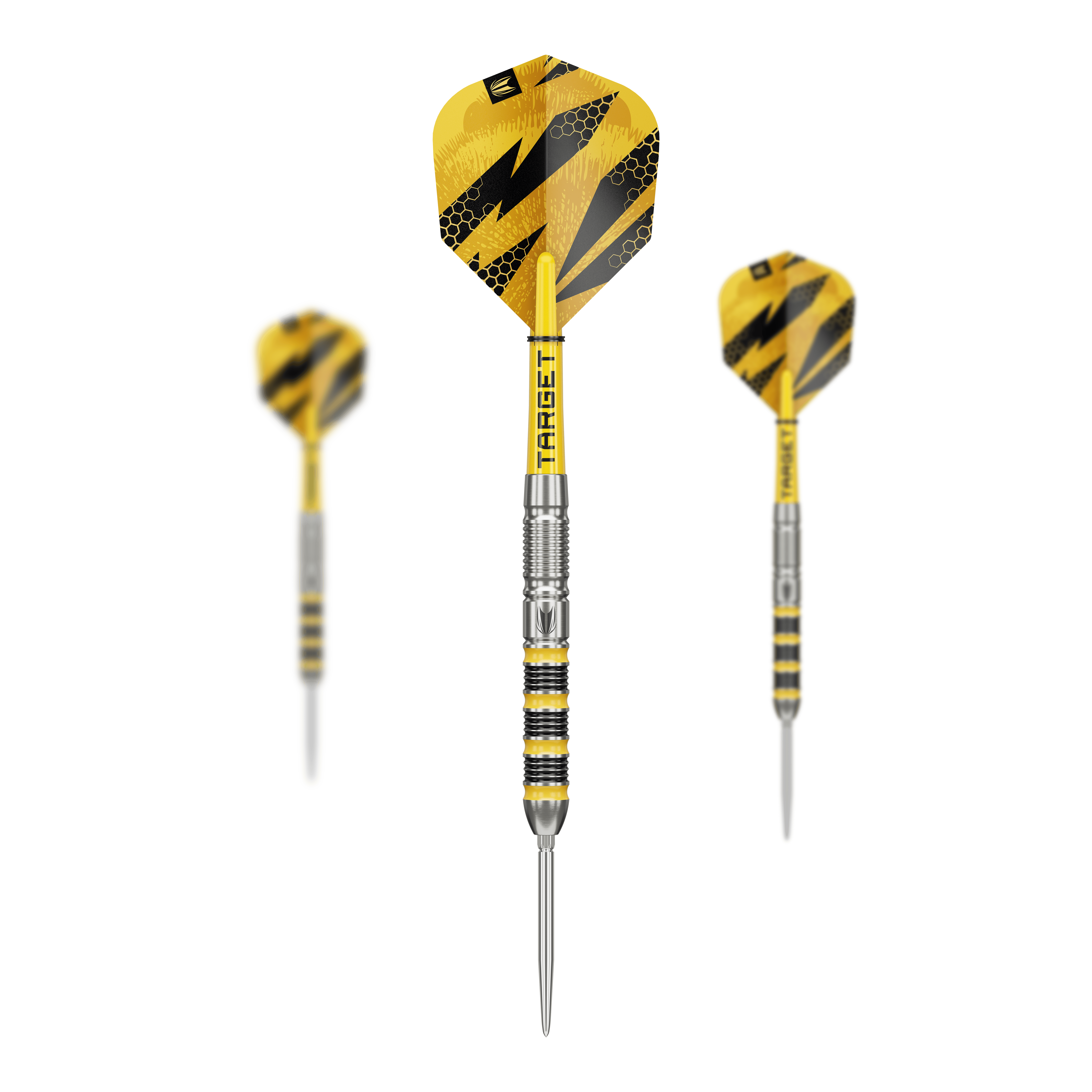 Abgebildet sind die Target Buzz 01 Swiss Points Steeldarts. Diese Darts sind robust und präzise gefertigt.