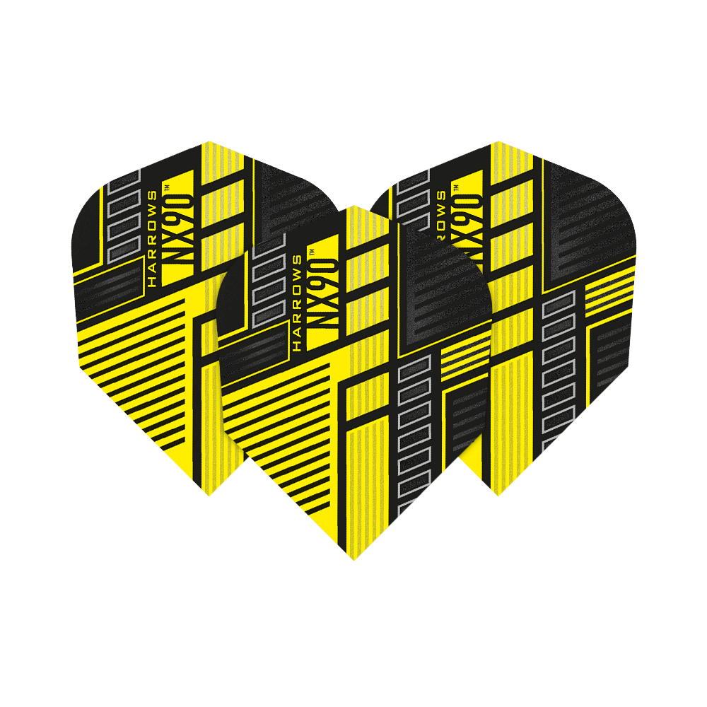 HR47_Harrows_Prime_NX90_Yellow_No6_Flights_18NvaTT70gx28E Das Bild zeigt drei gelbe Harrows Prime NX90 Flights mit schwarzem und grauem Muster. Die Flights haben ein modernes, geometrisches Design und sind für Darts geeignet.